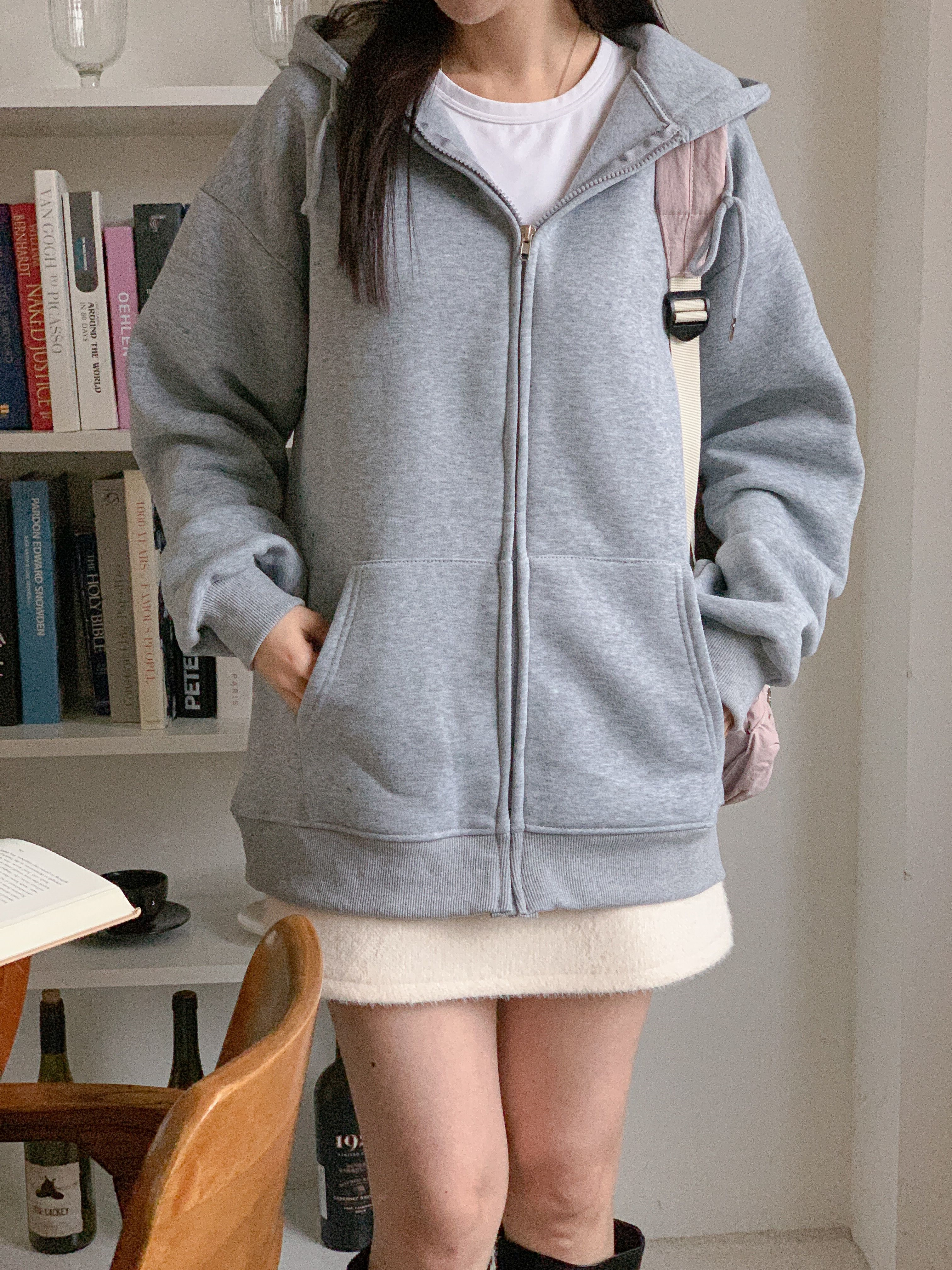 裏起毛ジップアップフードベーシックオーバーサイズカンガルーポケットジップパーカー | 詳細画像6