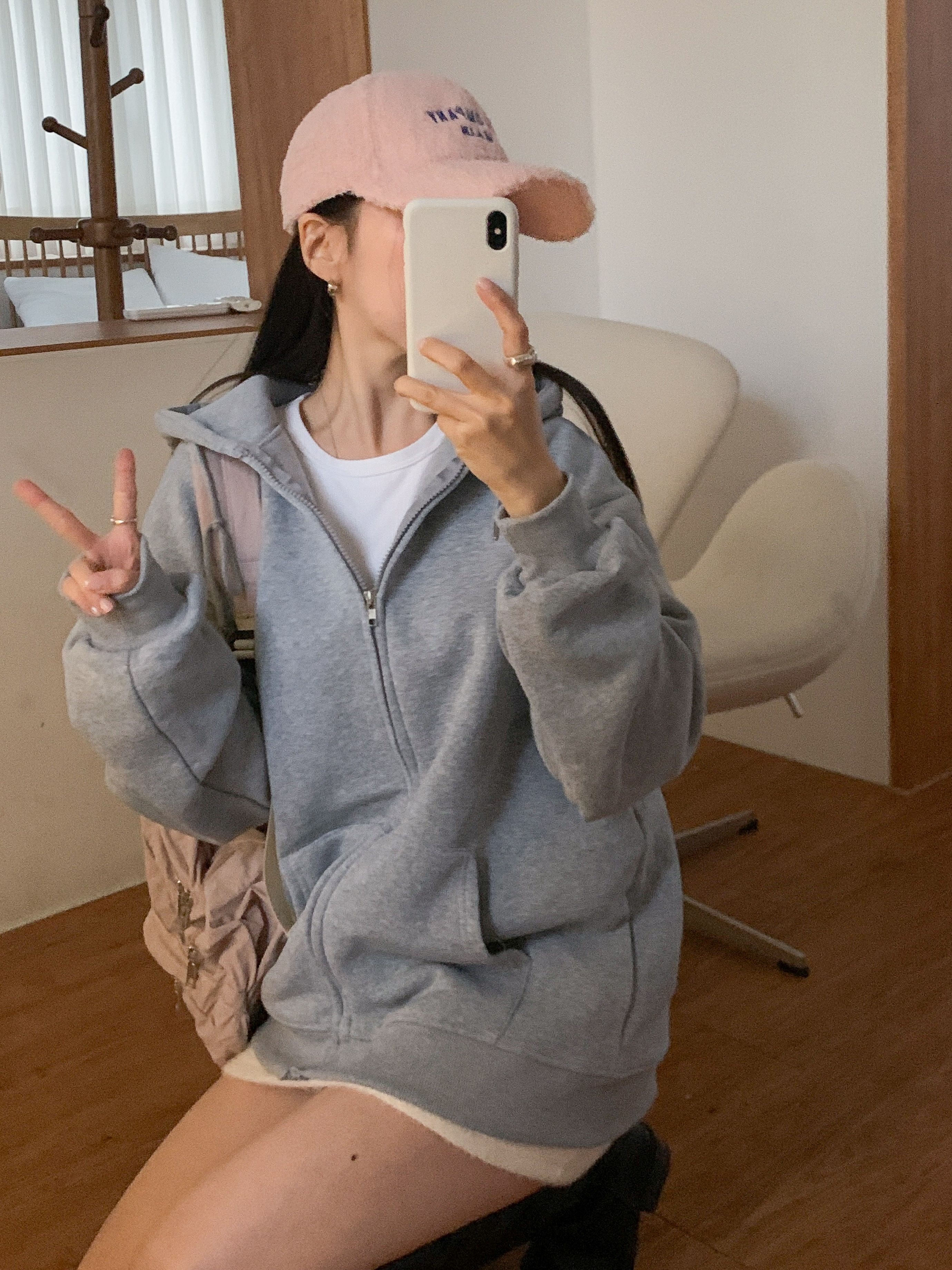 裏起毛ジップアップフードベーシックオーバーサイズカンガルーポケットジップパーカー | 詳細画像7