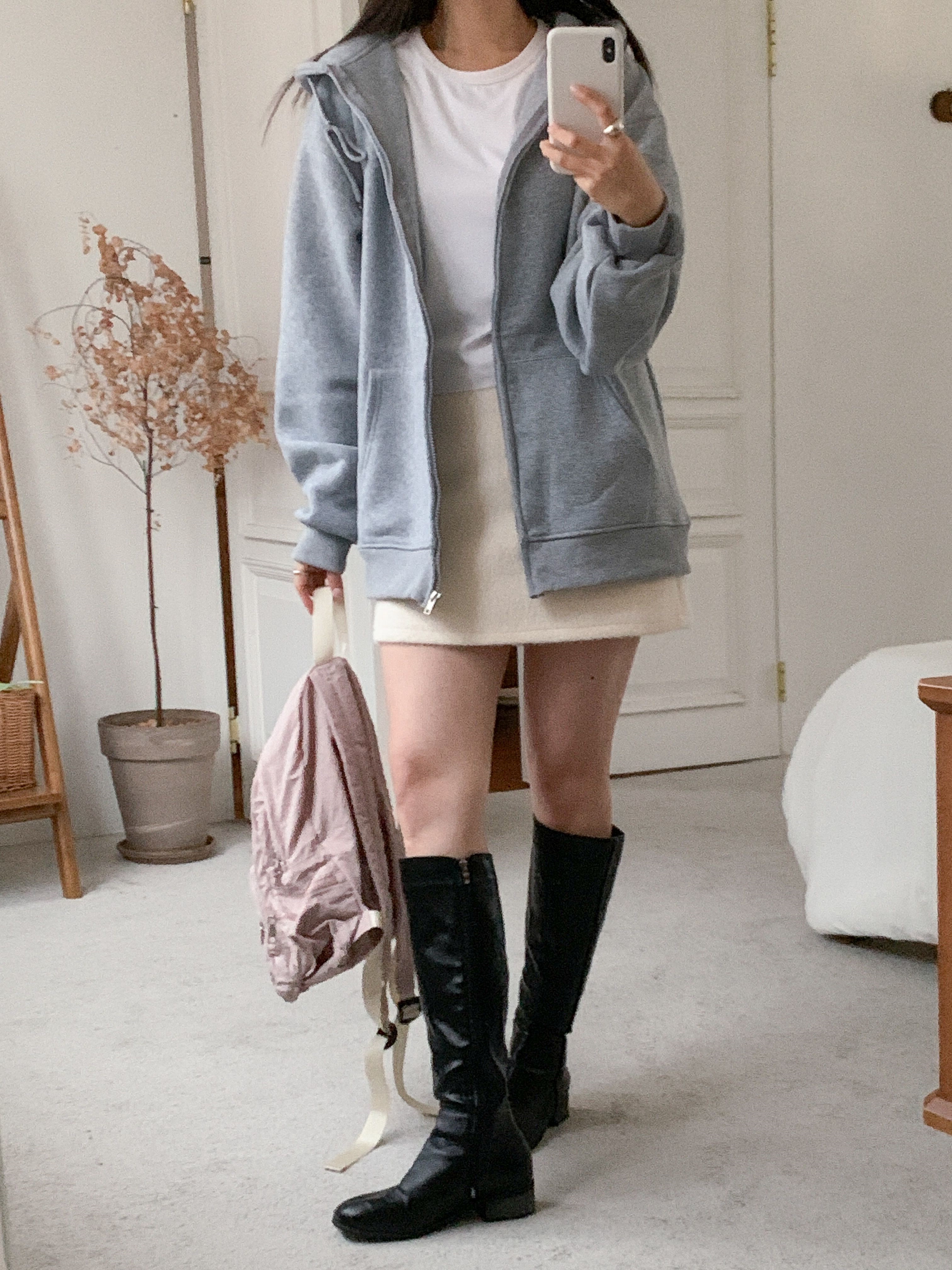 裏起毛ジップアップフードベーシックオーバーサイズカンガルーポケットジップパーカー | 詳細画像9