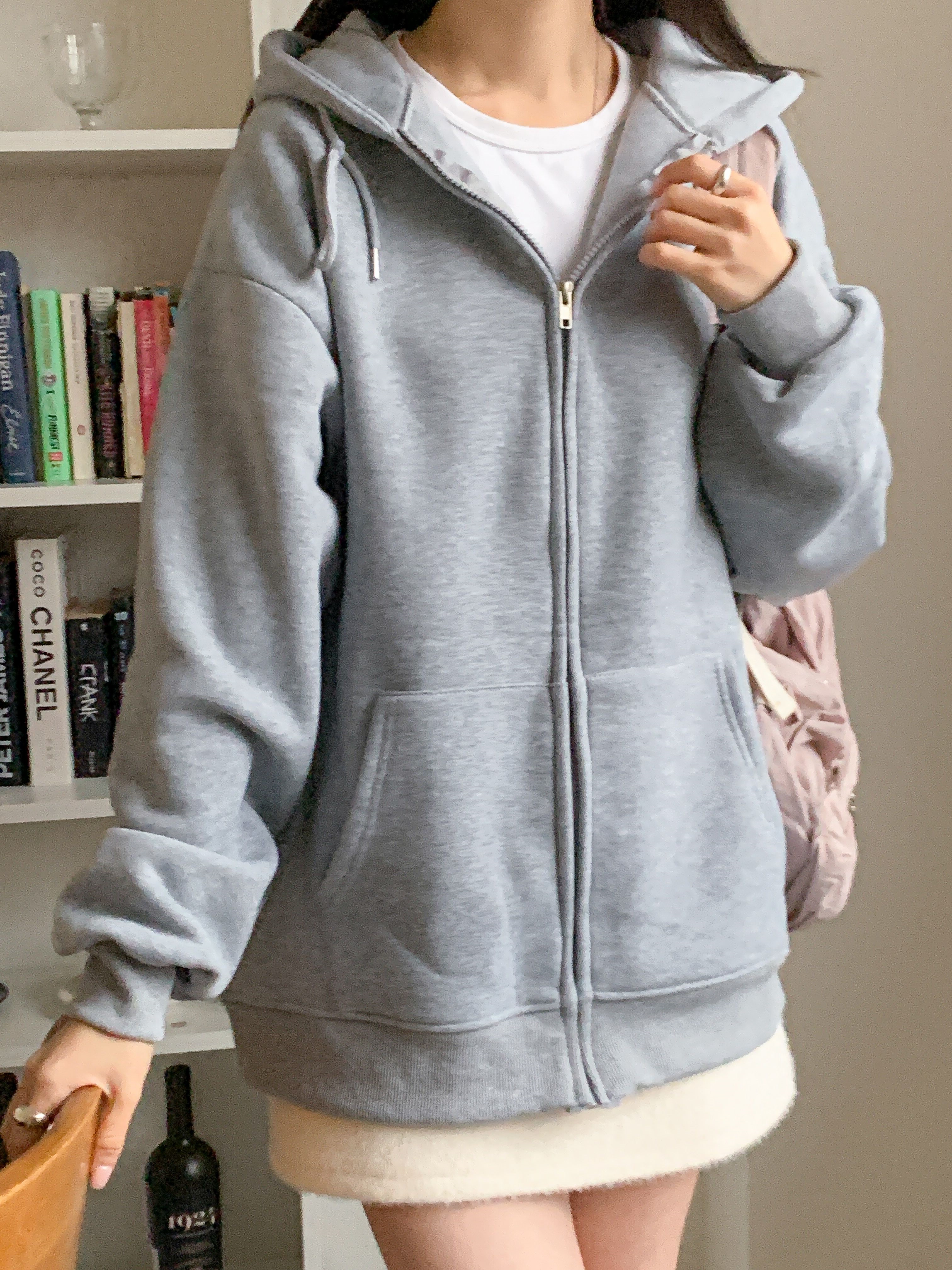 裏起毛ジップアップフードベーシックオーバーサイズカンガルーポケットジップパーカー | 詳細画像10