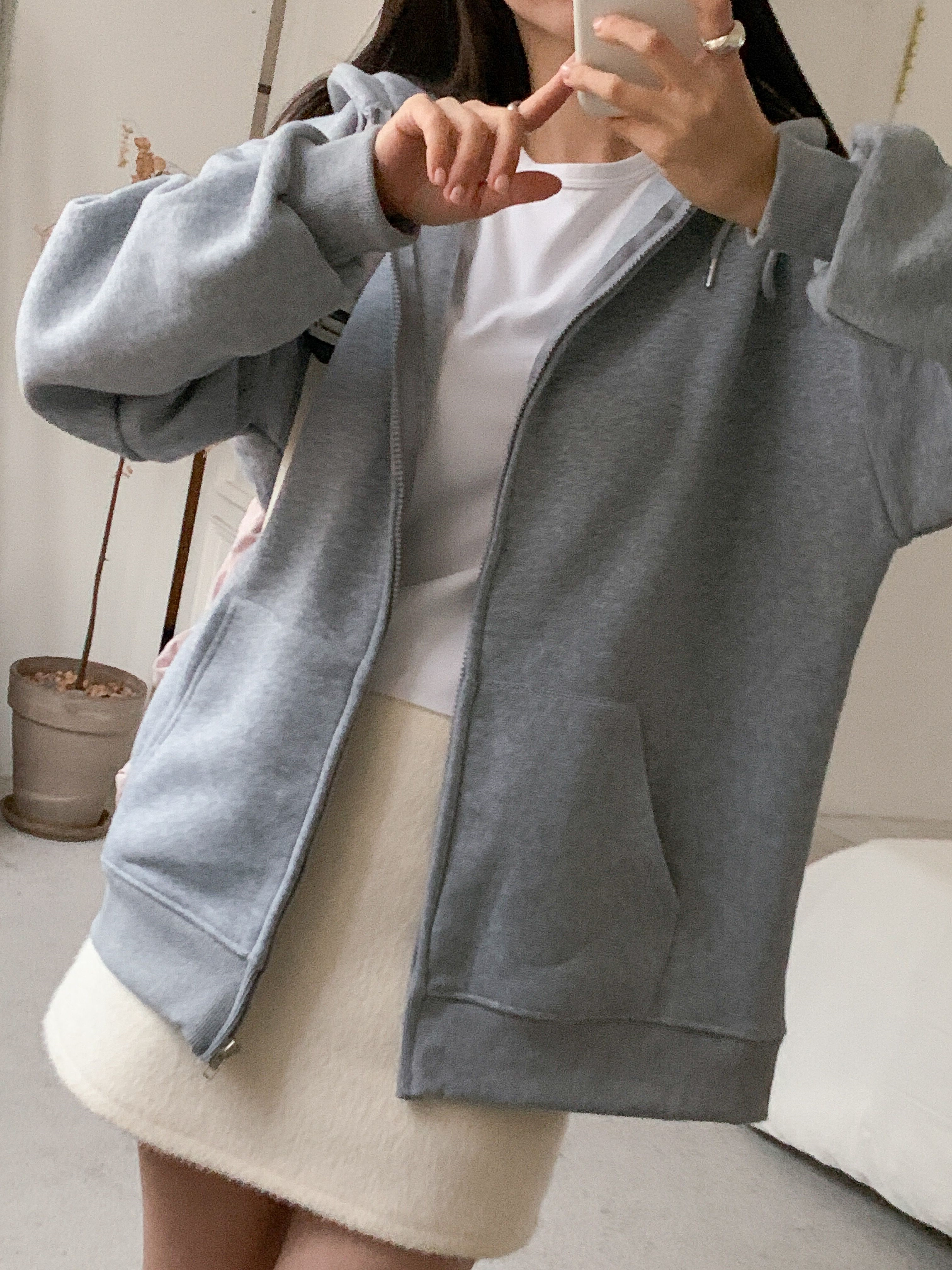 裏起毛ジップアップフードベーシックオーバーサイズカンガルーポケットジップパーカー | 詳細画像12