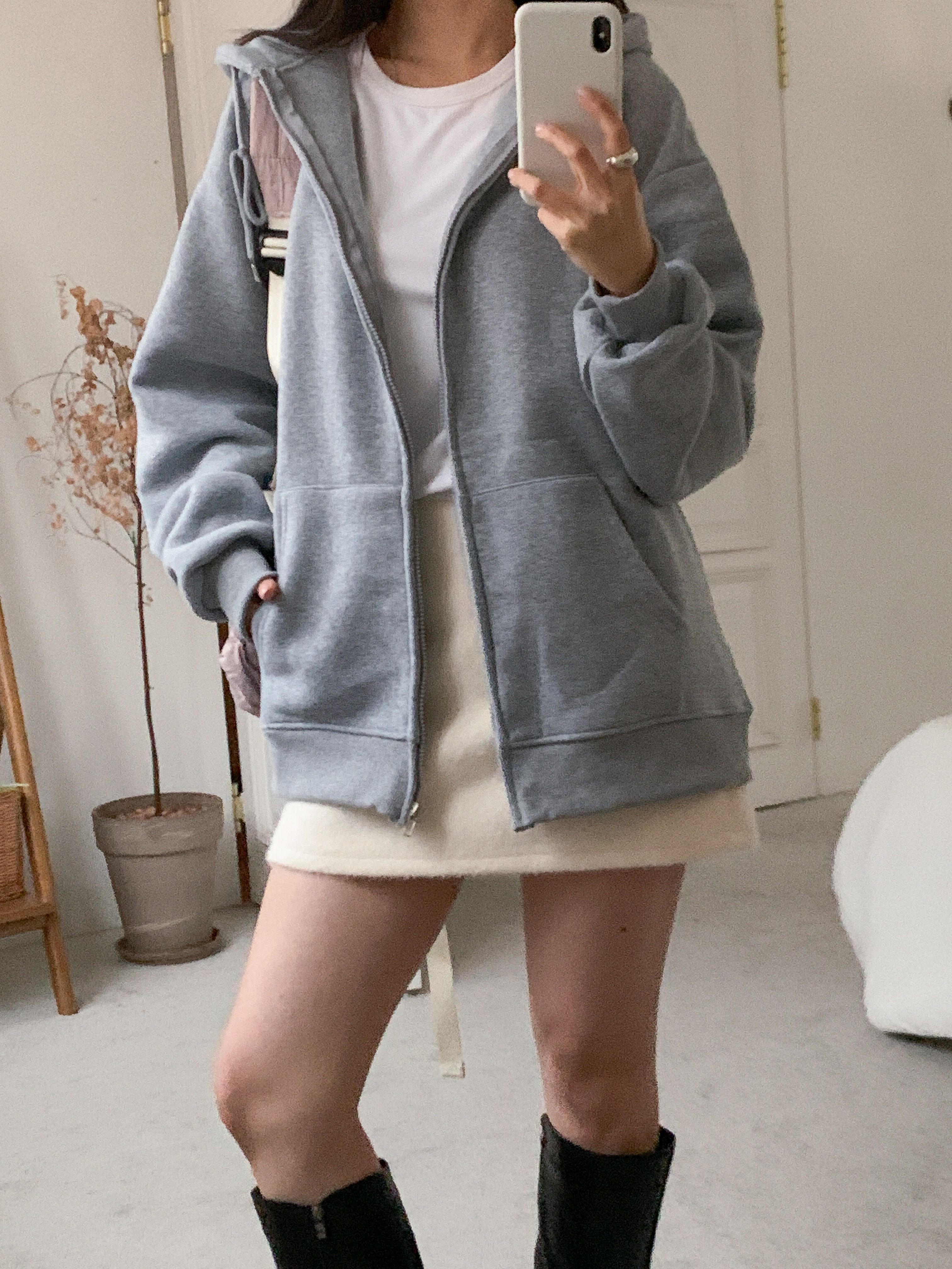 裏起毛ジップアップフードベーシックオーバーサイズカンガルーポケットジップパーカー | 詳細画像13