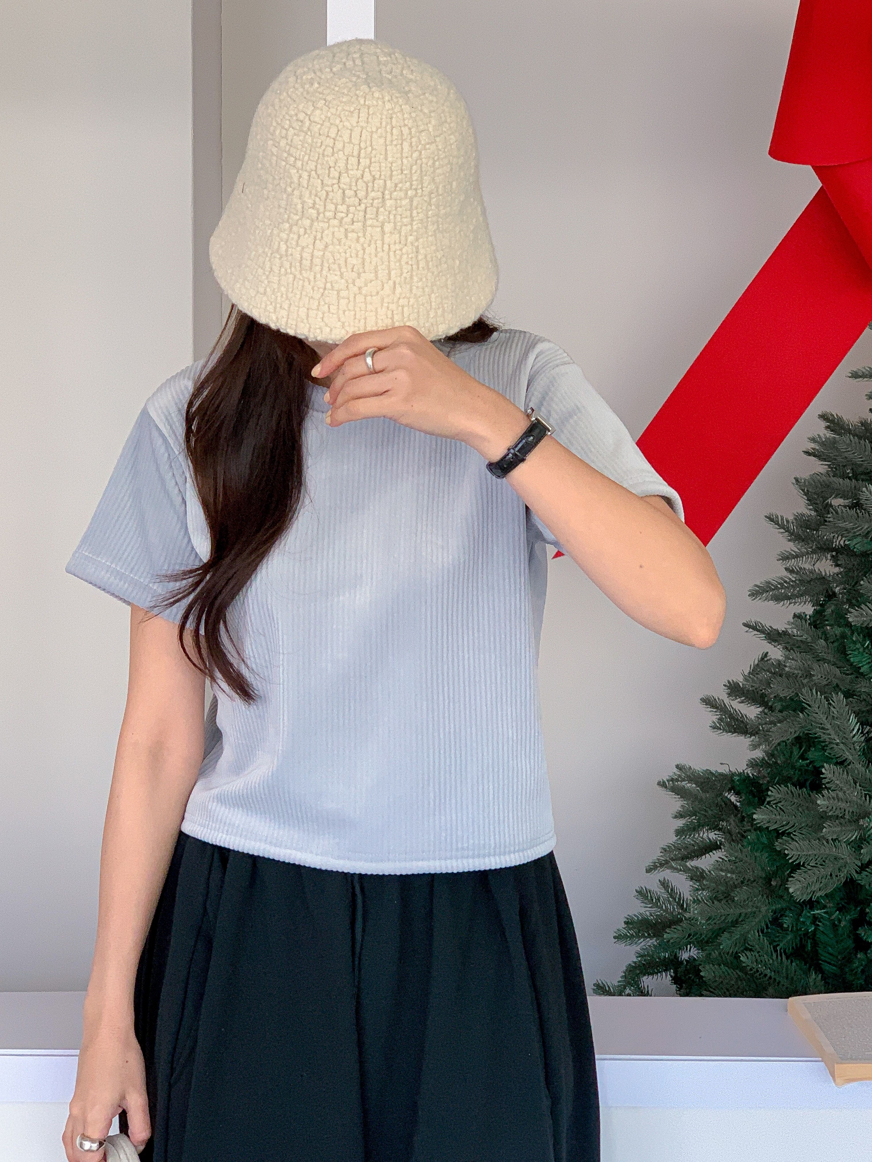 ファー裏地リブ半袖セミクロップドカラーTシャツ | 詳細画像2