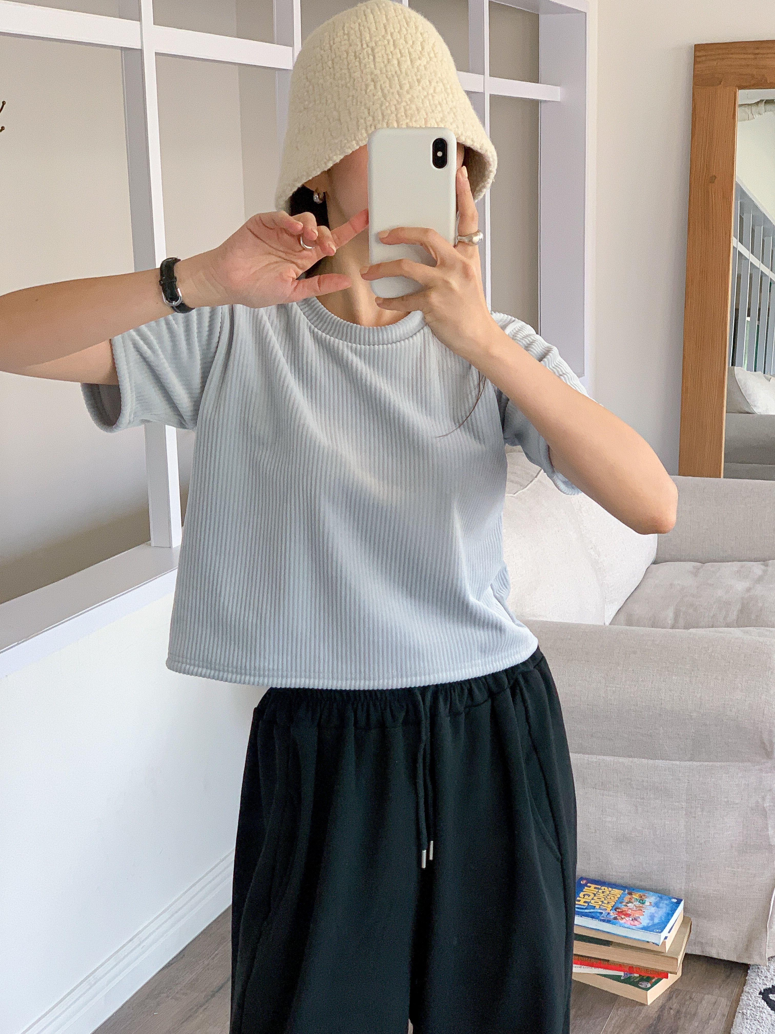 ファー裏地リブ半袖セミクロップドカラーTシャツ | 詳細画像4