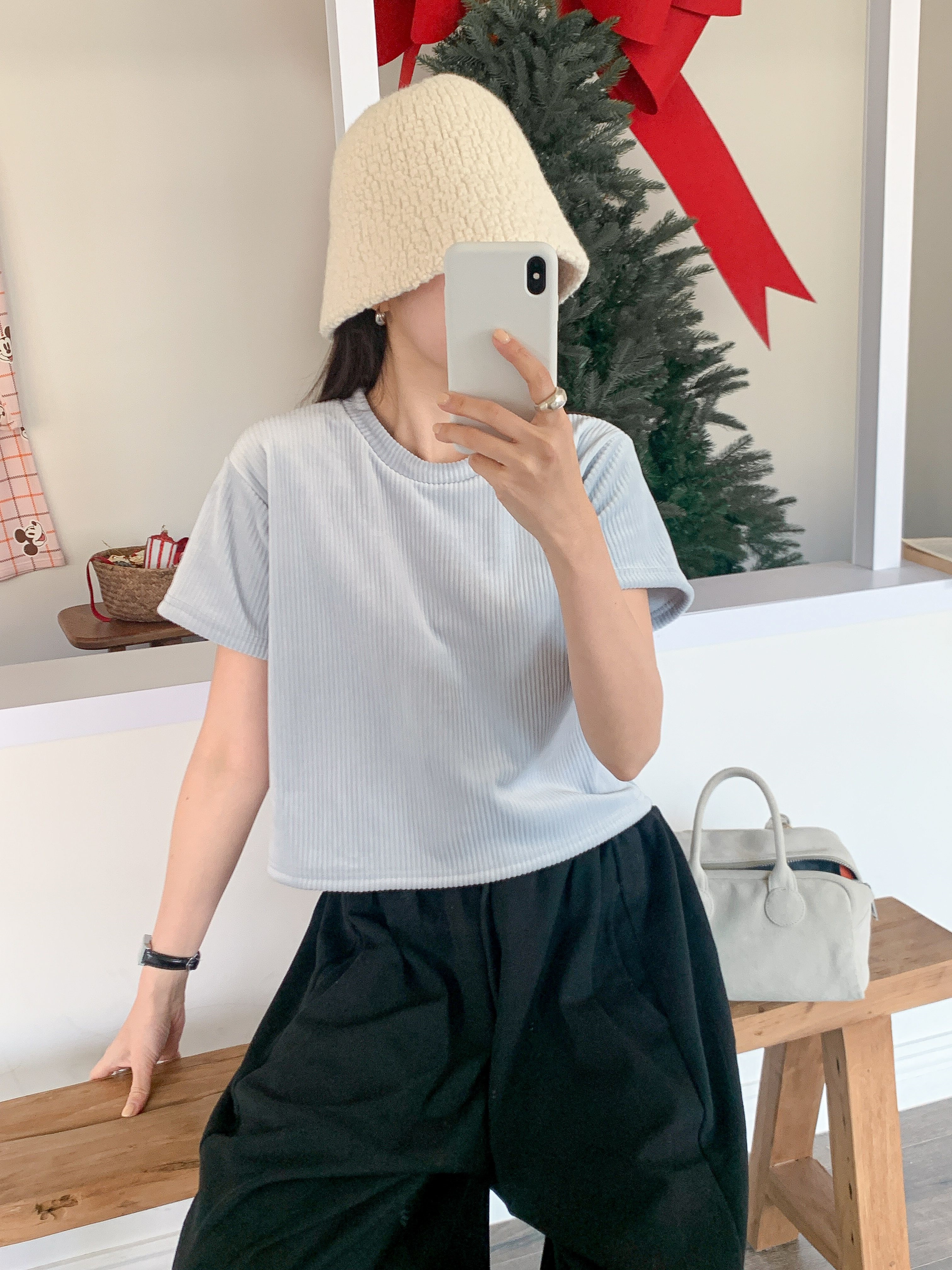 ファー裏地リブ半袖セミクロップドカラーTシャツ | 詳細画像5