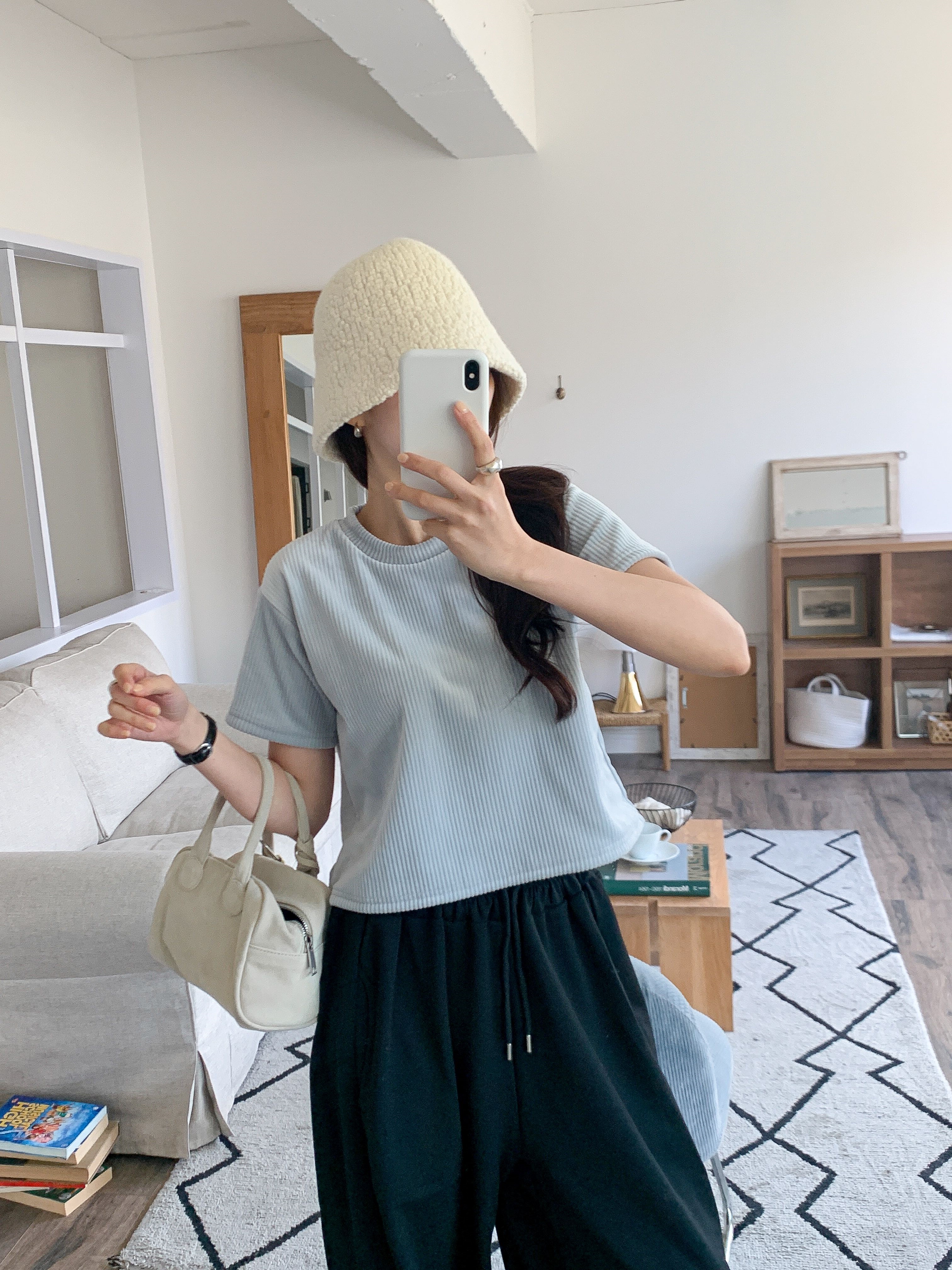 ファー裏地リブ半袖セミクロップドカラーTシャツ | 詳細画像9