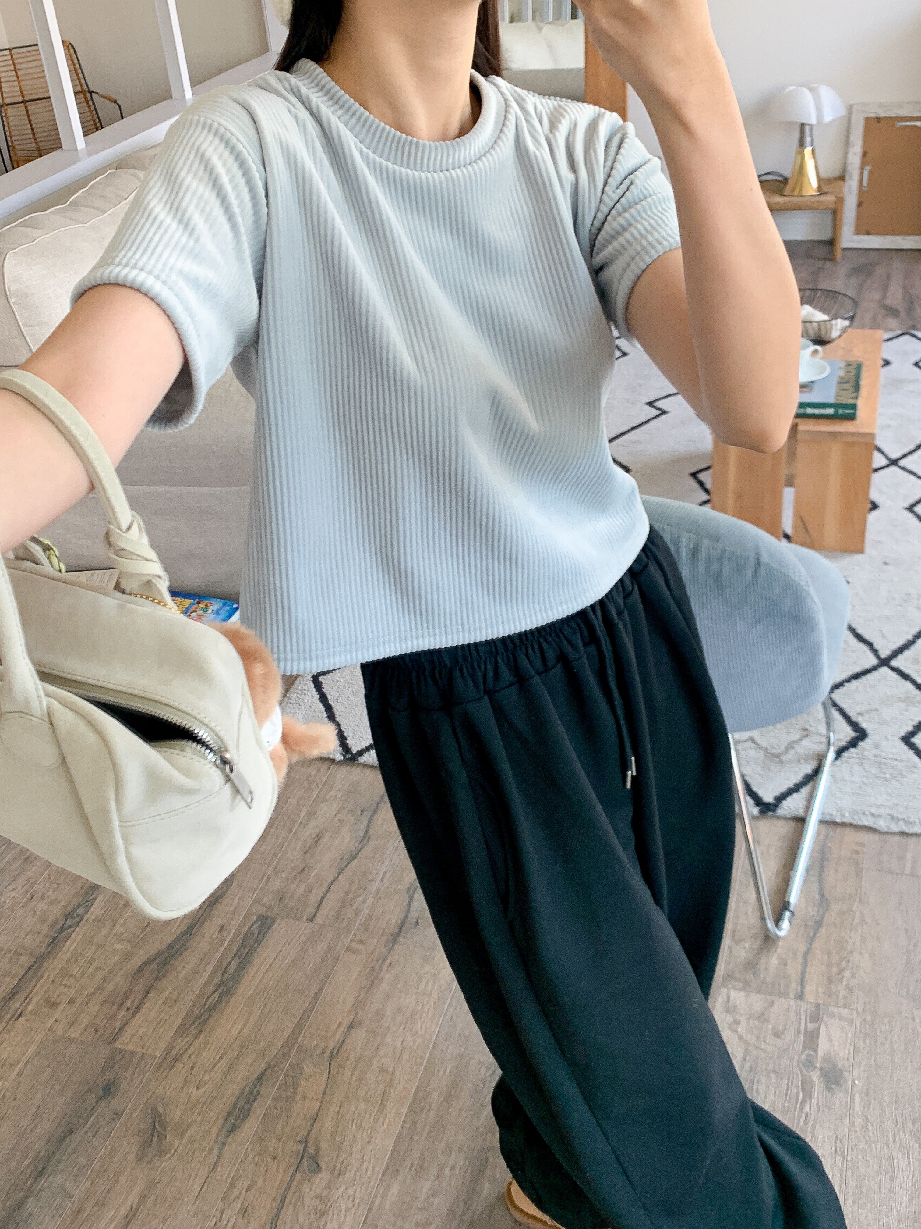 ファー裏地リブ半袖セミクロップドカラーTシャツ | 詳細画像10