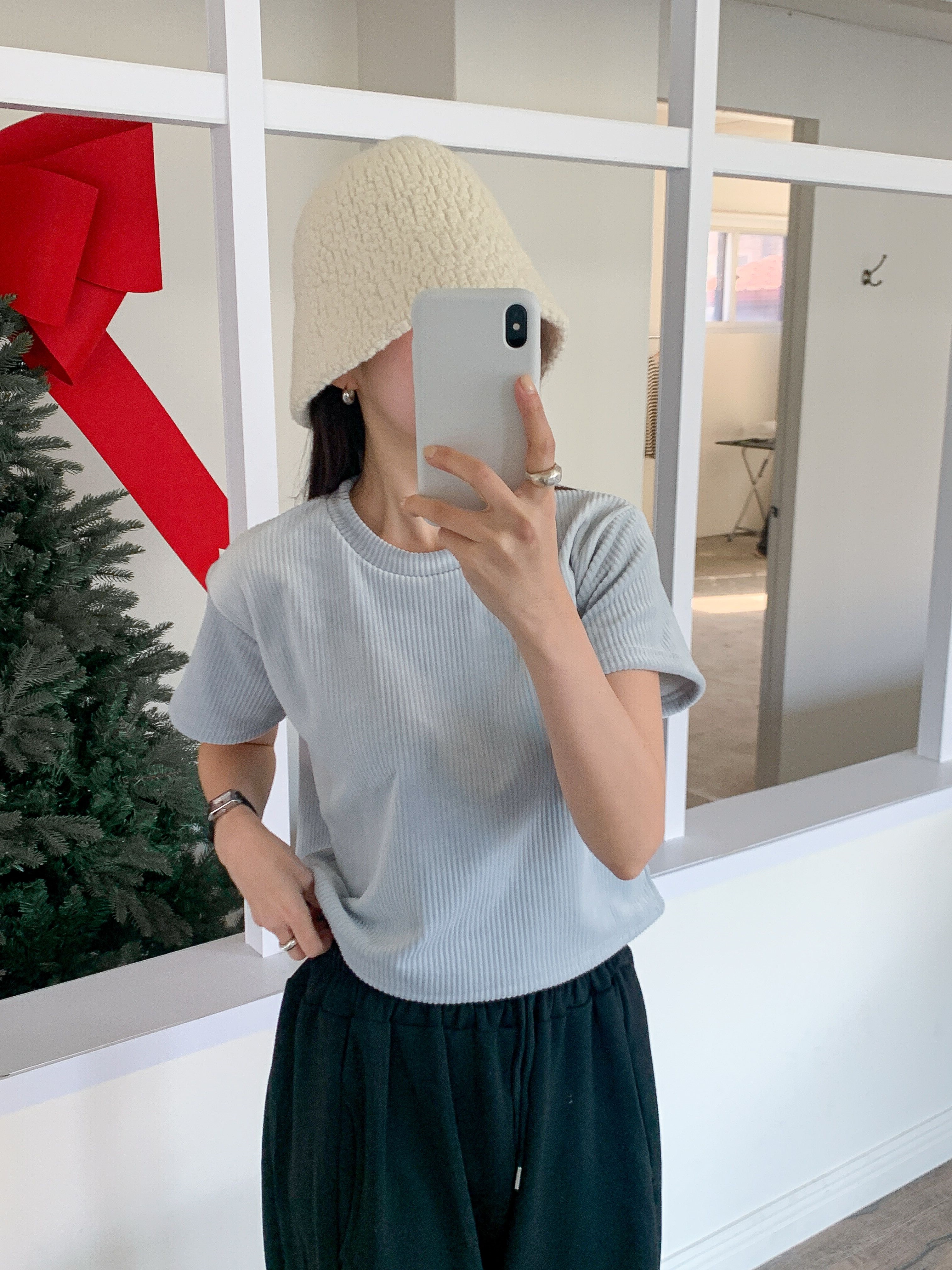 ファー裏地リブ半袖セミクロップドカラーTシャツ | 詳細画像11