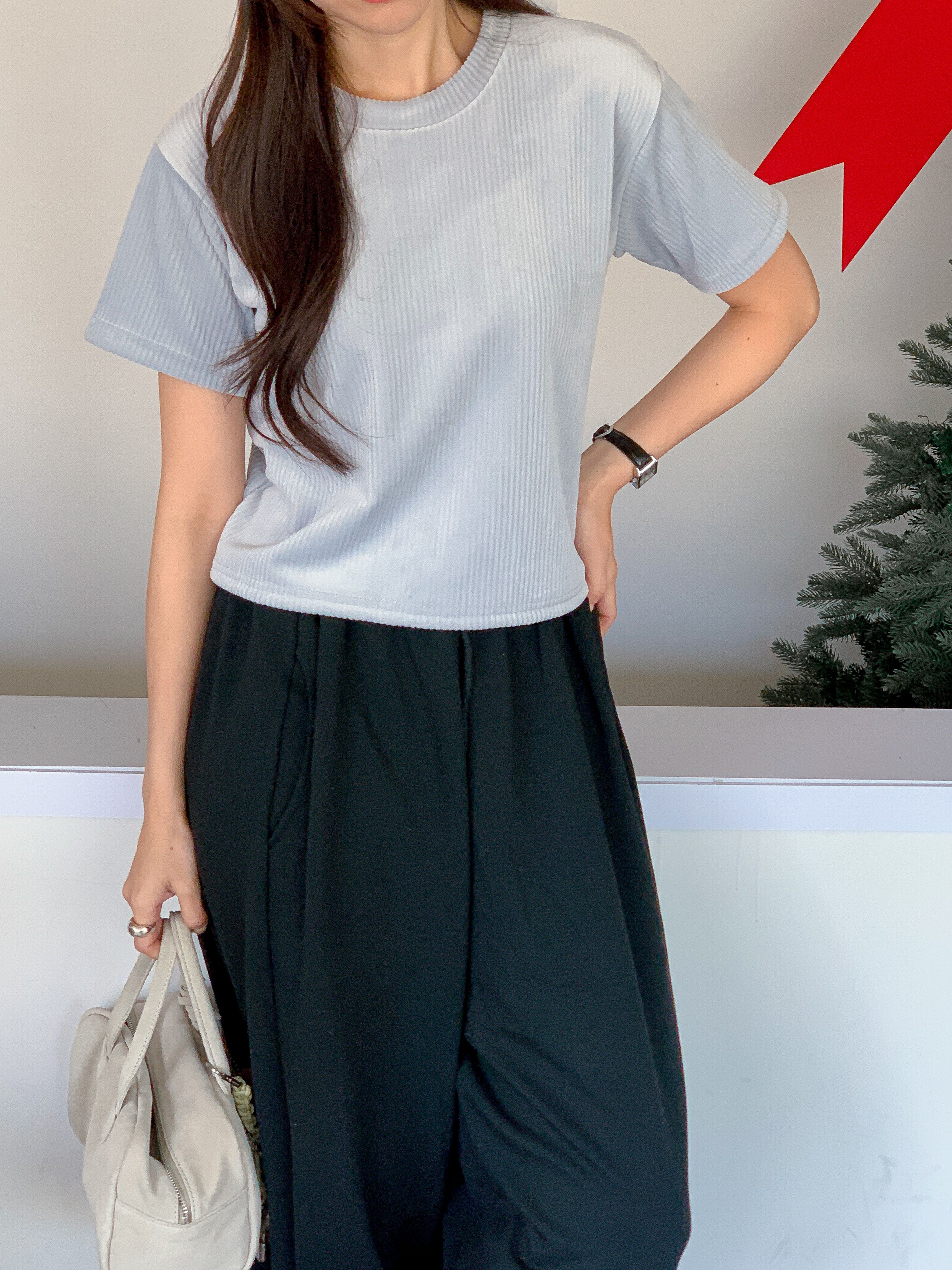 ファー裏地リブ半袖セミクロップドカラーTシャツ | 詳細画像13