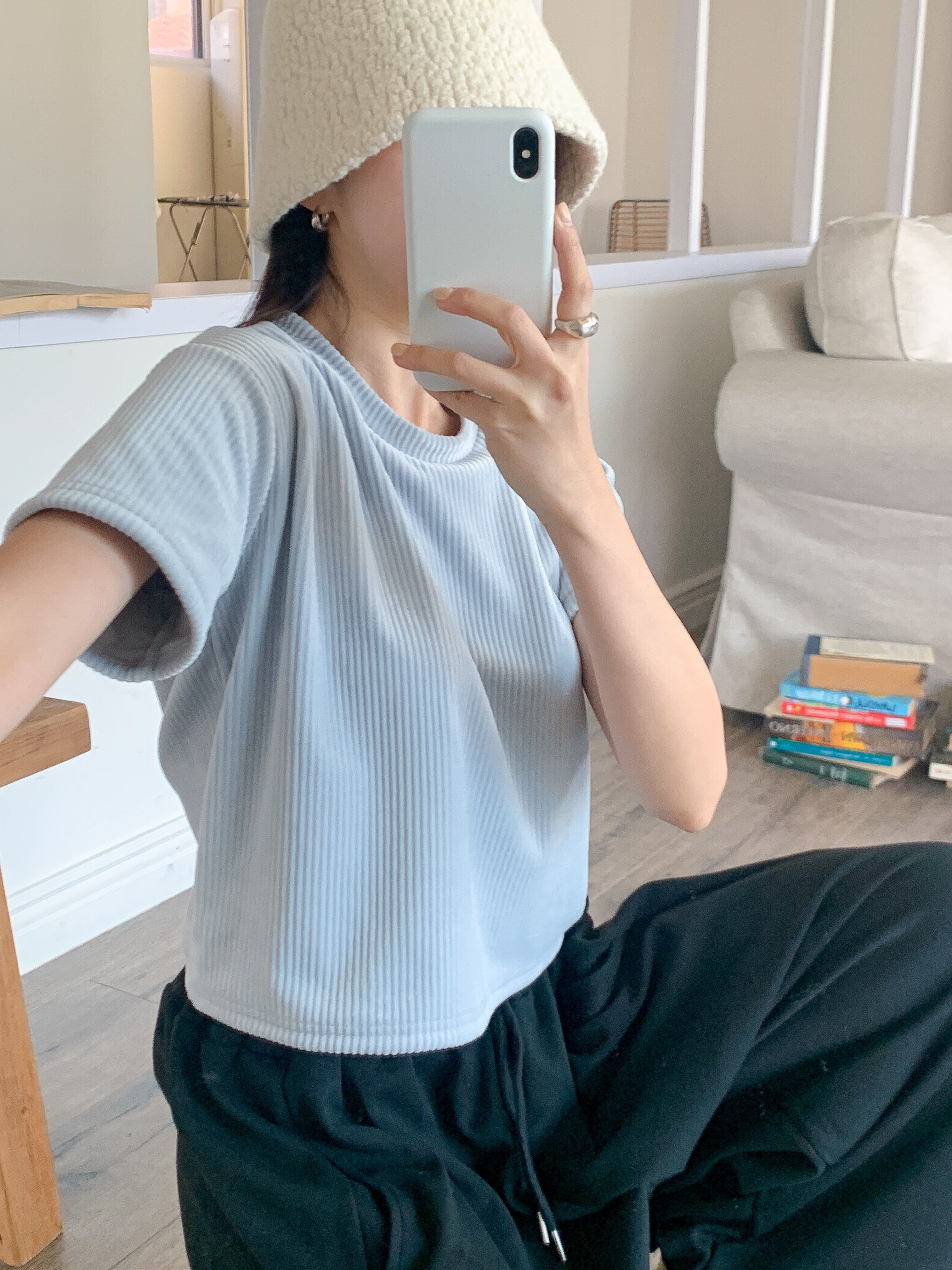 ファー裏地リブ半袖セミクロップドカラーTシャツ | 詳細画像16