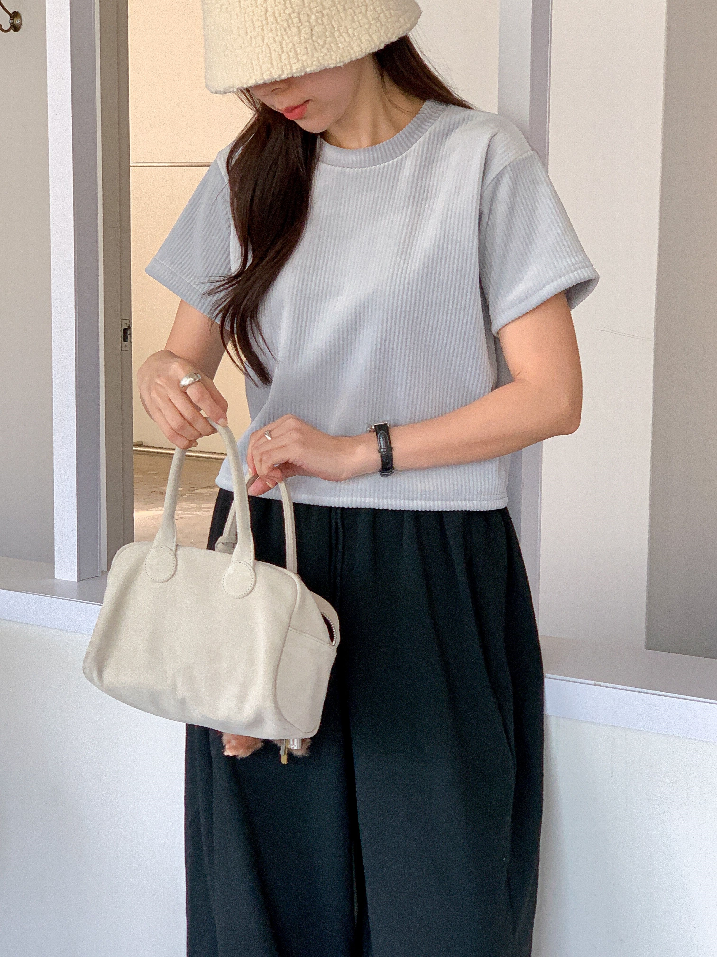 ファー裏地リブ半袖セミクロップドカラーTシャツ | 詳細画像17