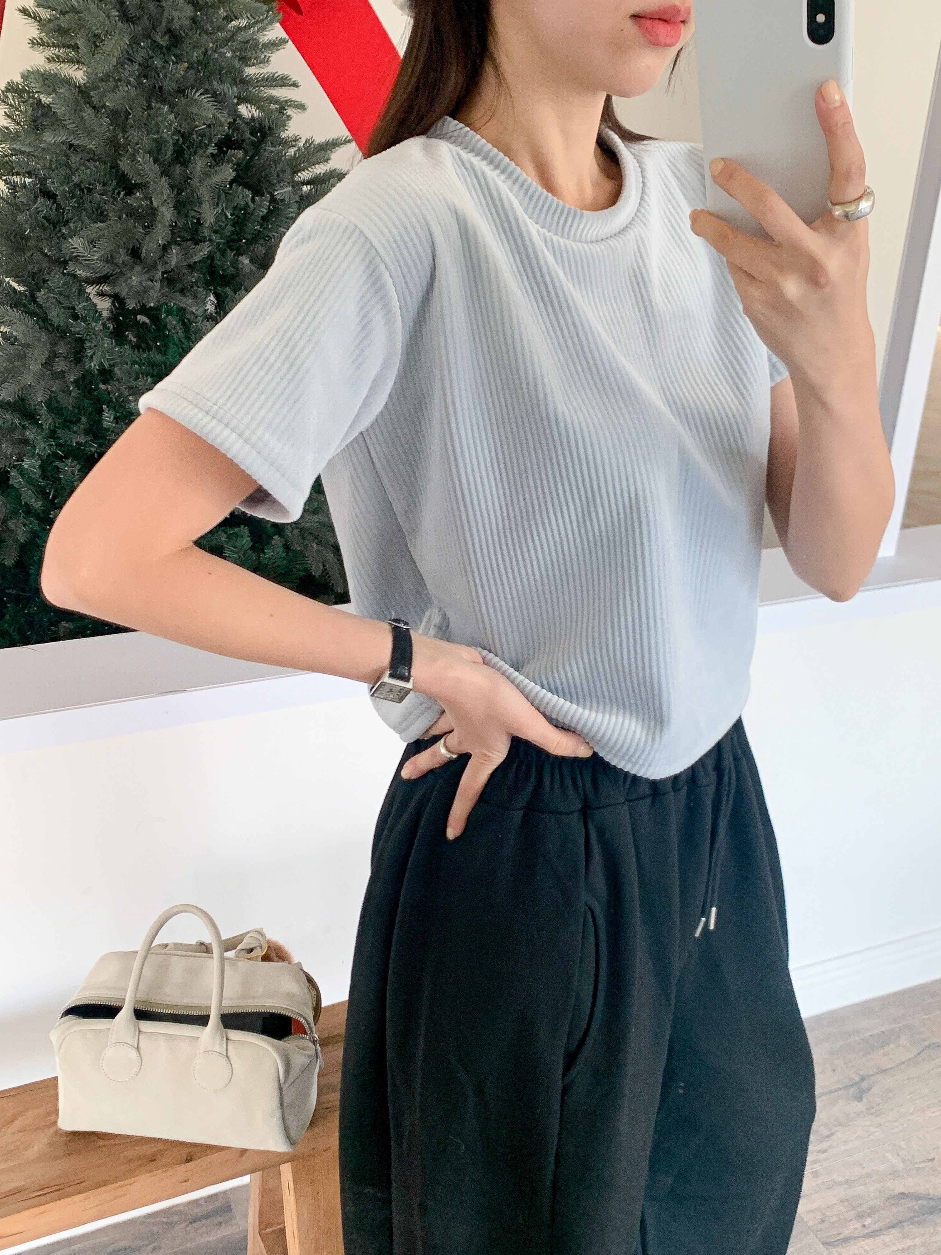 ファー裏地リブ半袖セミクロップドカラーTシャツ | 詳細画像19