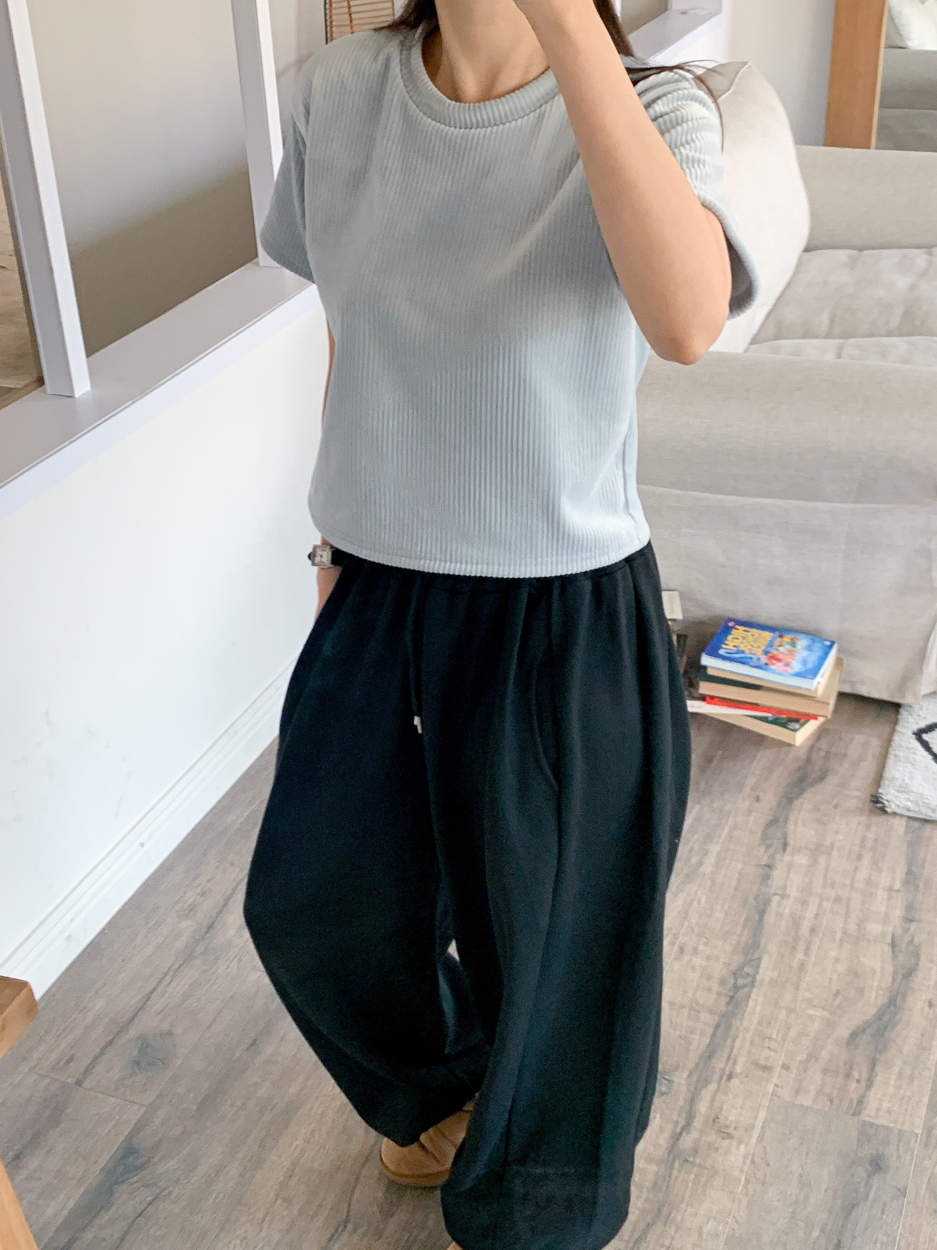 ファー裏地リブ半袖セミクロップドカラーTシャツ | 詳細画像21