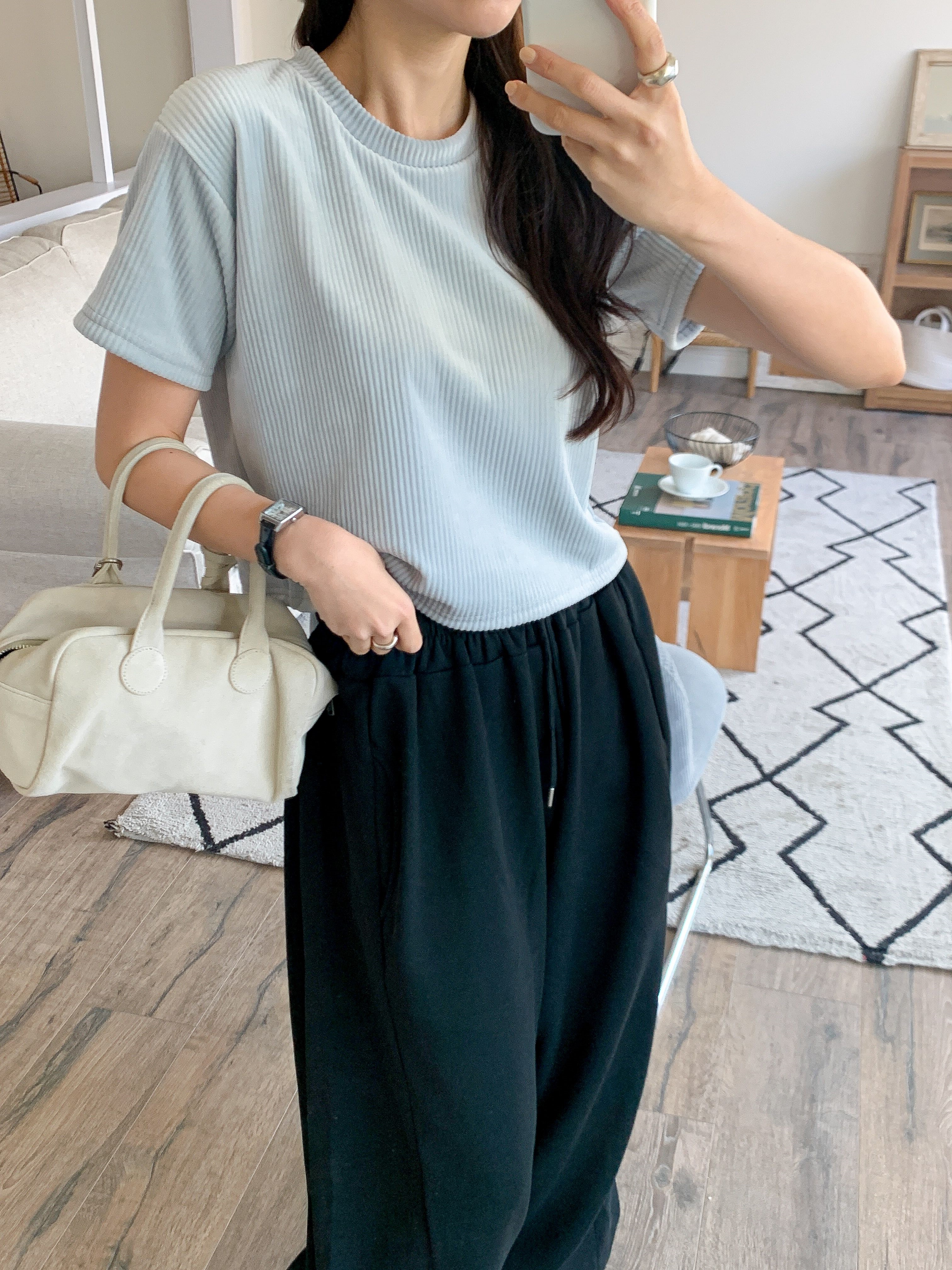 ファー裏地リブ半袖セミクロップドカラーTシャツ | 詳細画像22