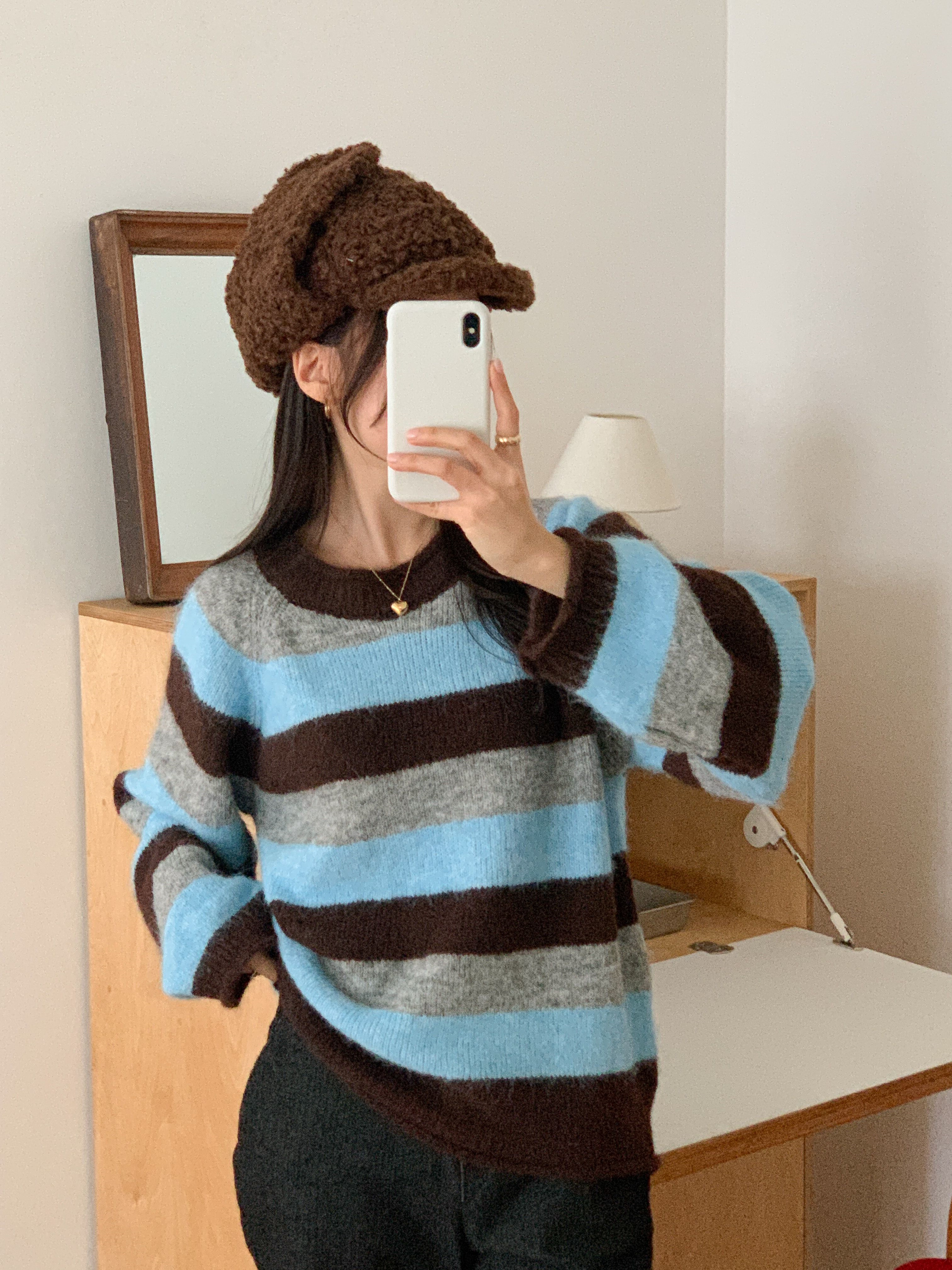 ウール混ラウンドネックルーズ長袖ボーダーカラーニット | 詳細画像2