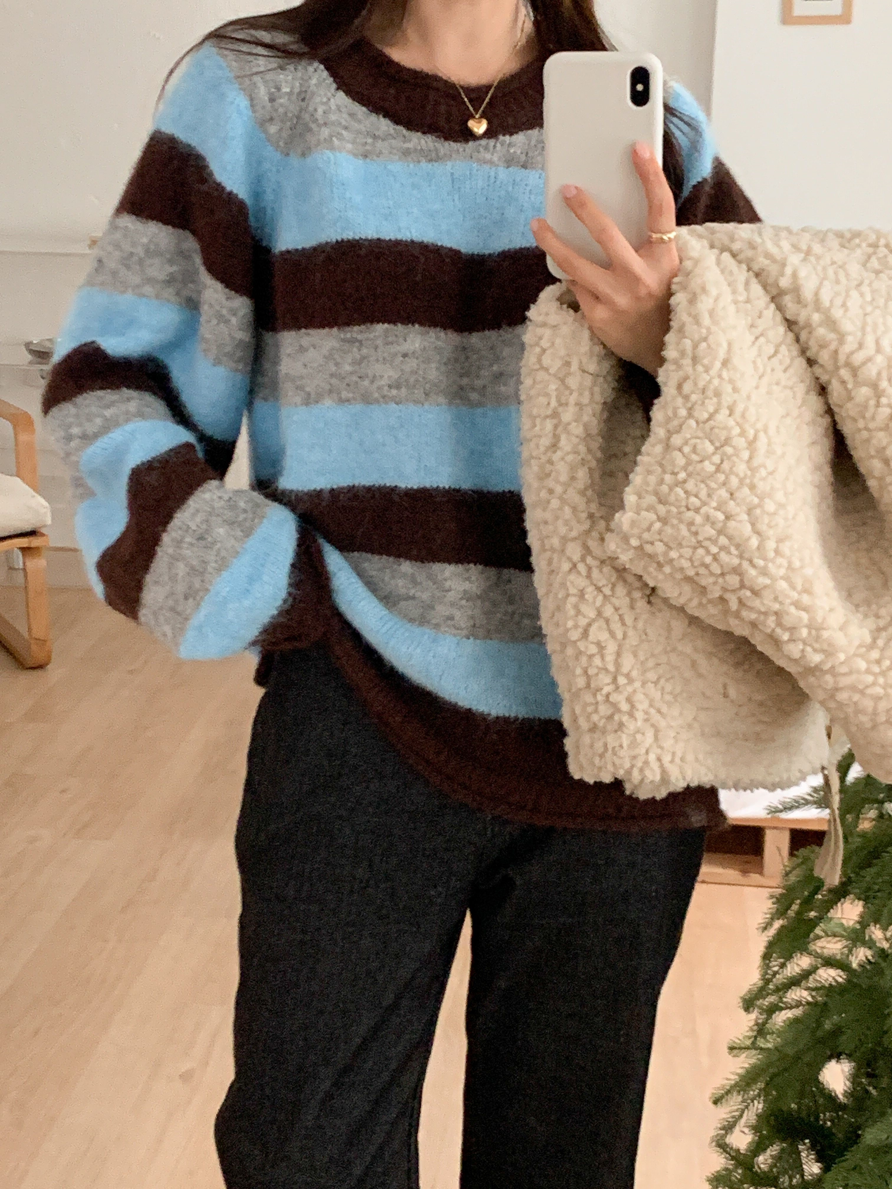 ウール混ラウンドネックルーズ長袖ボーダーカラーニット | 詳細画像3