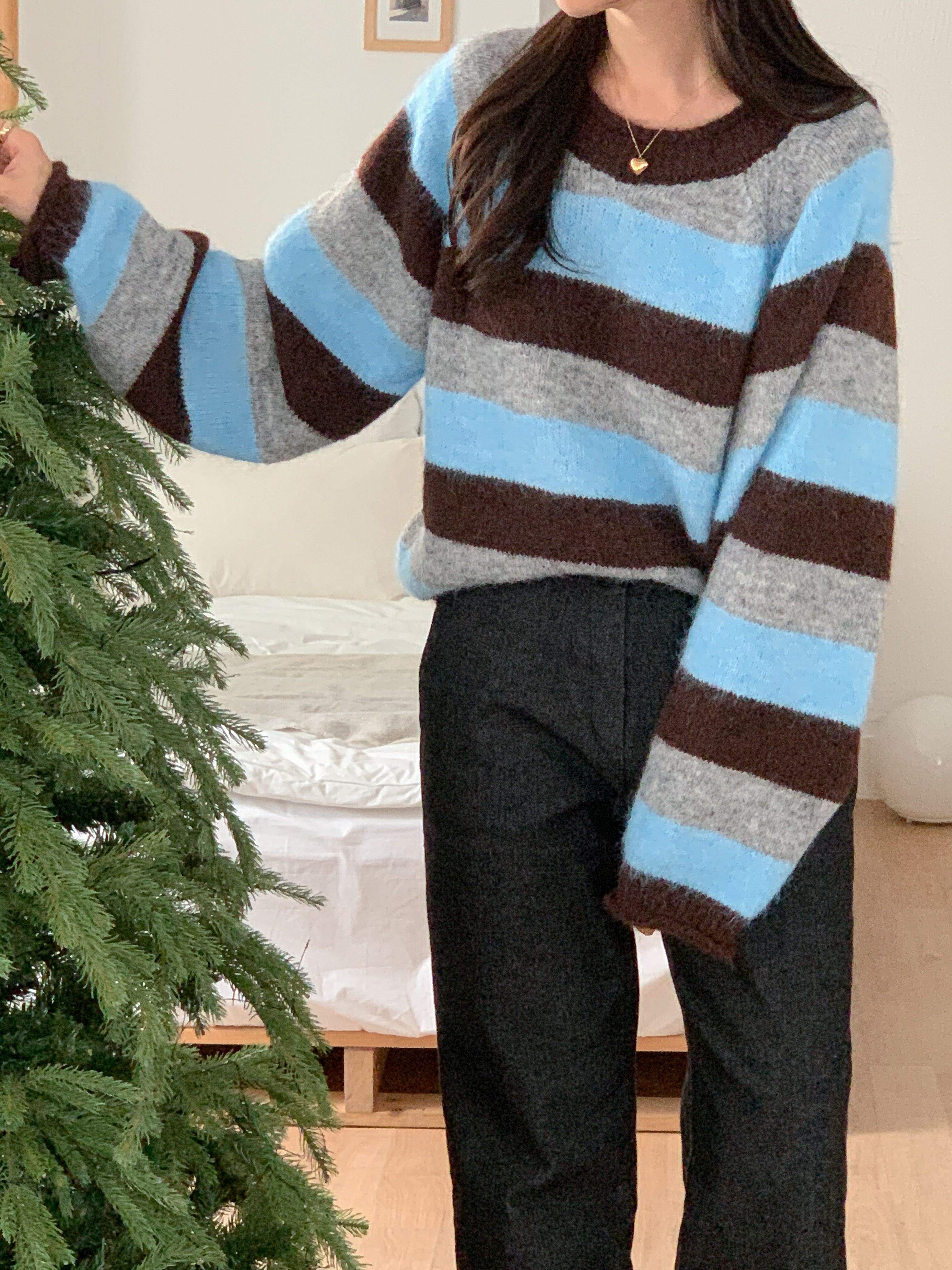 ウール混ラウンドネックルーズ長袖ボーダーカラーニット | 詳細画像5