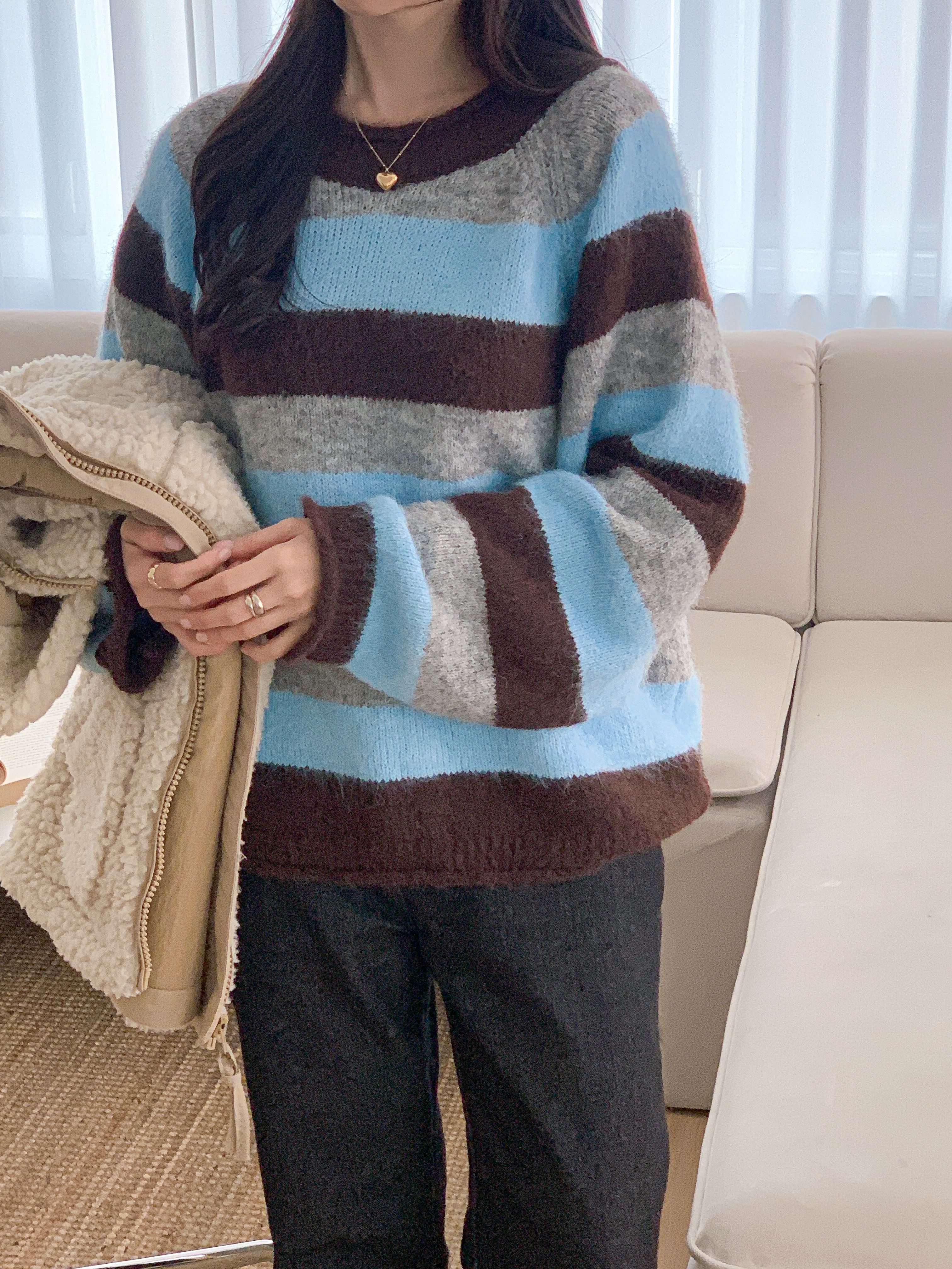 ウール混ラウンドネックルーズ長袖ボーダーカラーニット | 詳細画像6