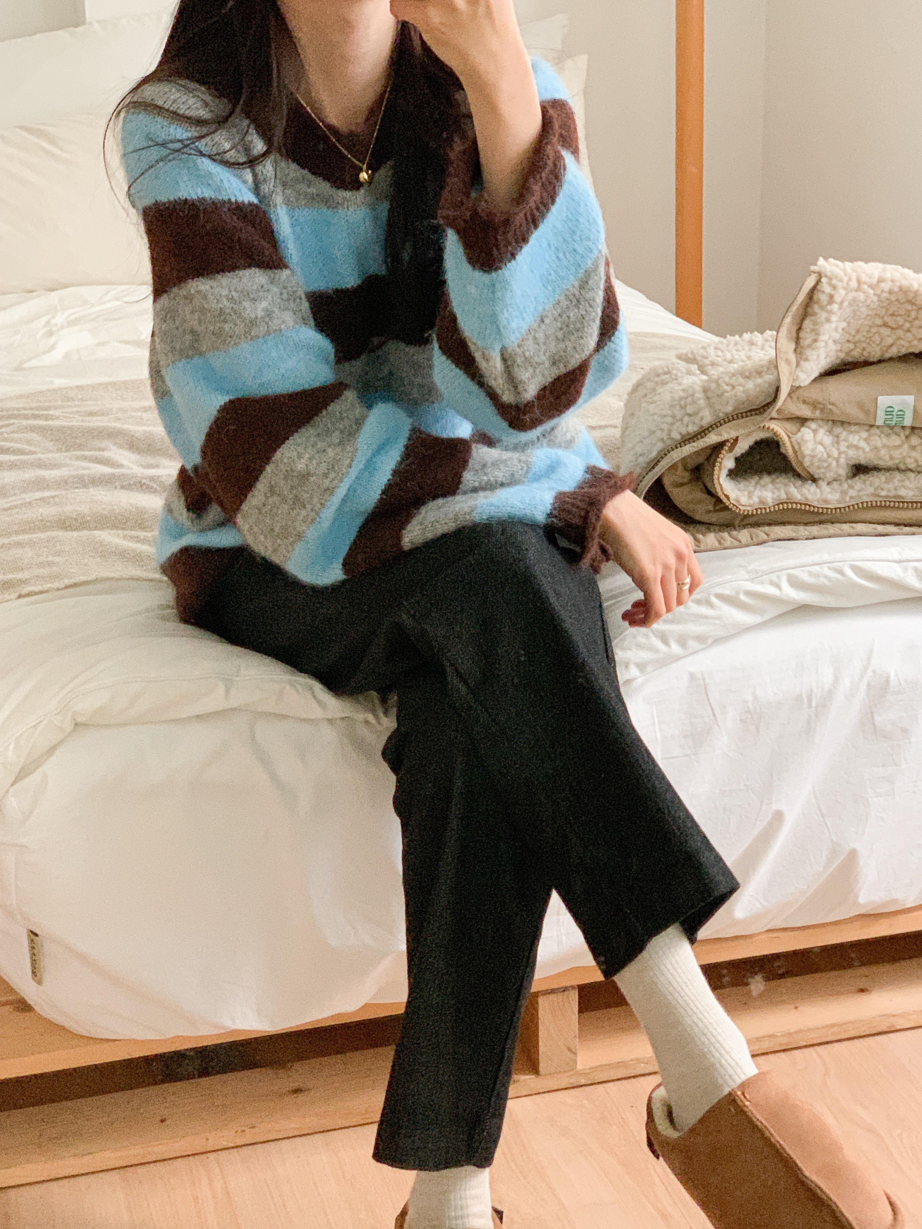 ウール混ラウンドネックルーズ長袖ボーダーカラーニット | 詳細画像7