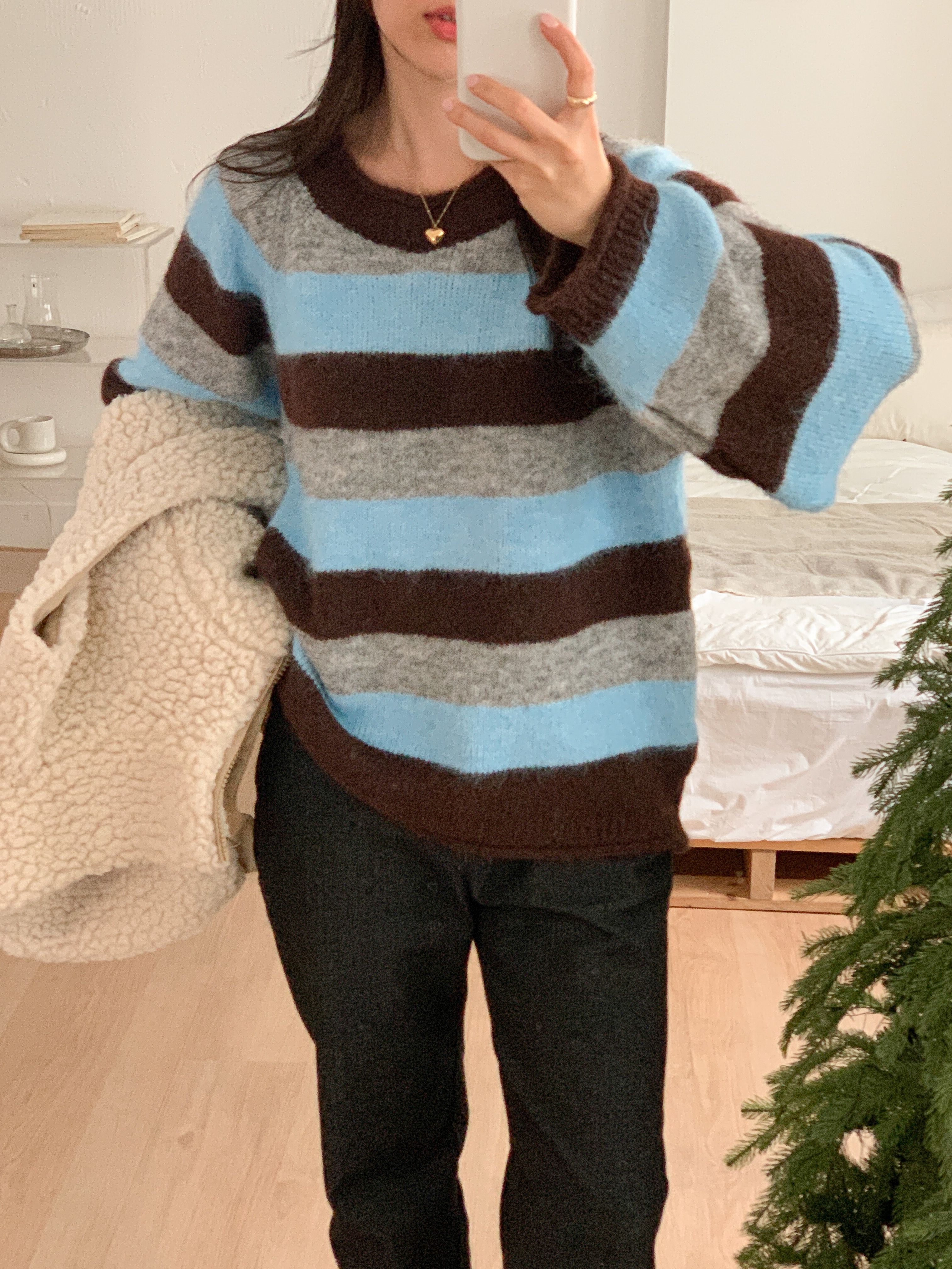 ウール混ラウンドネックルーズ長袖ボーダーカラーニット | 詳細画像8