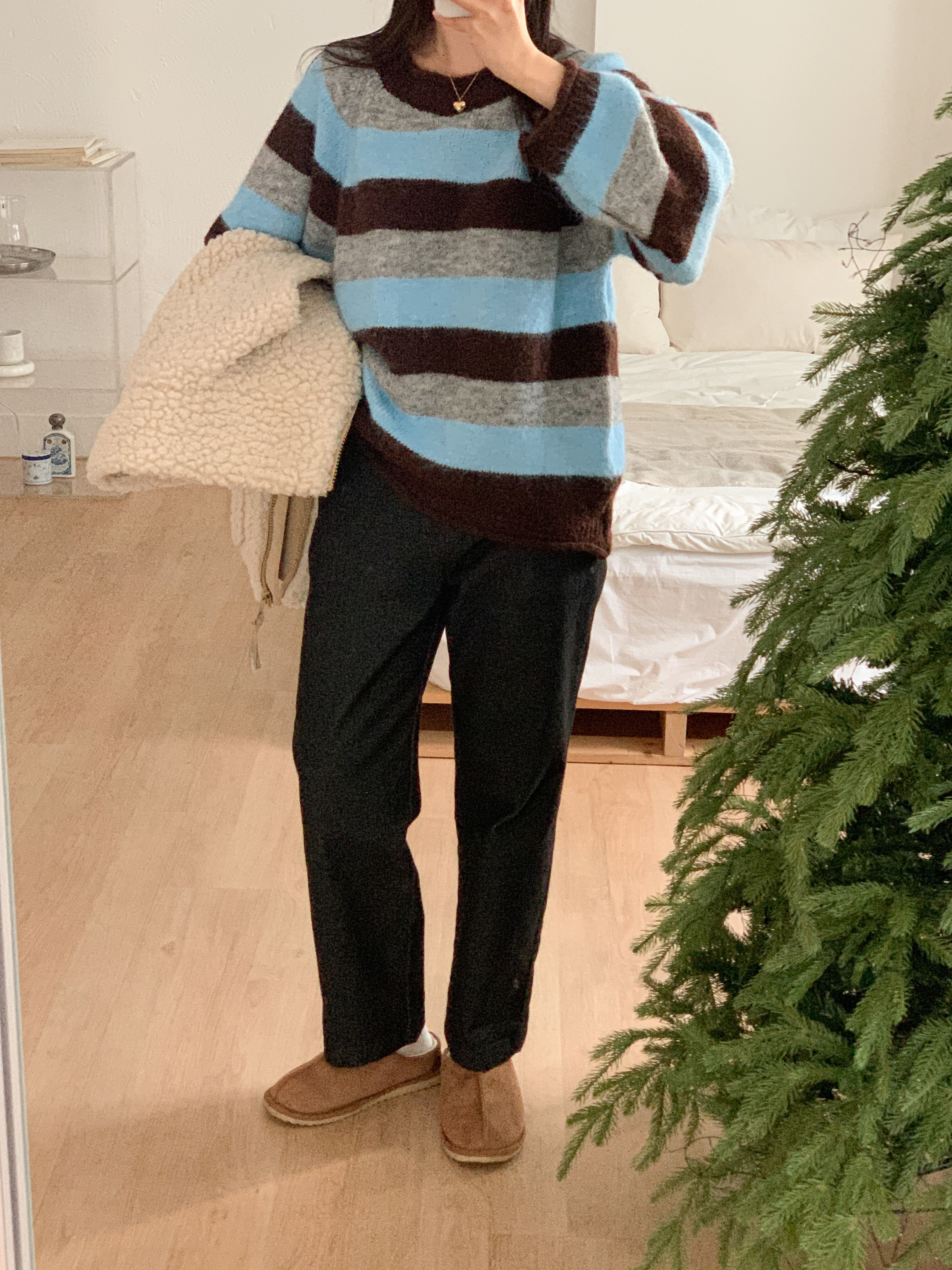 ウール混ラウンドネックルーズ長袖ボーダーカラーニット | 詳細画像9