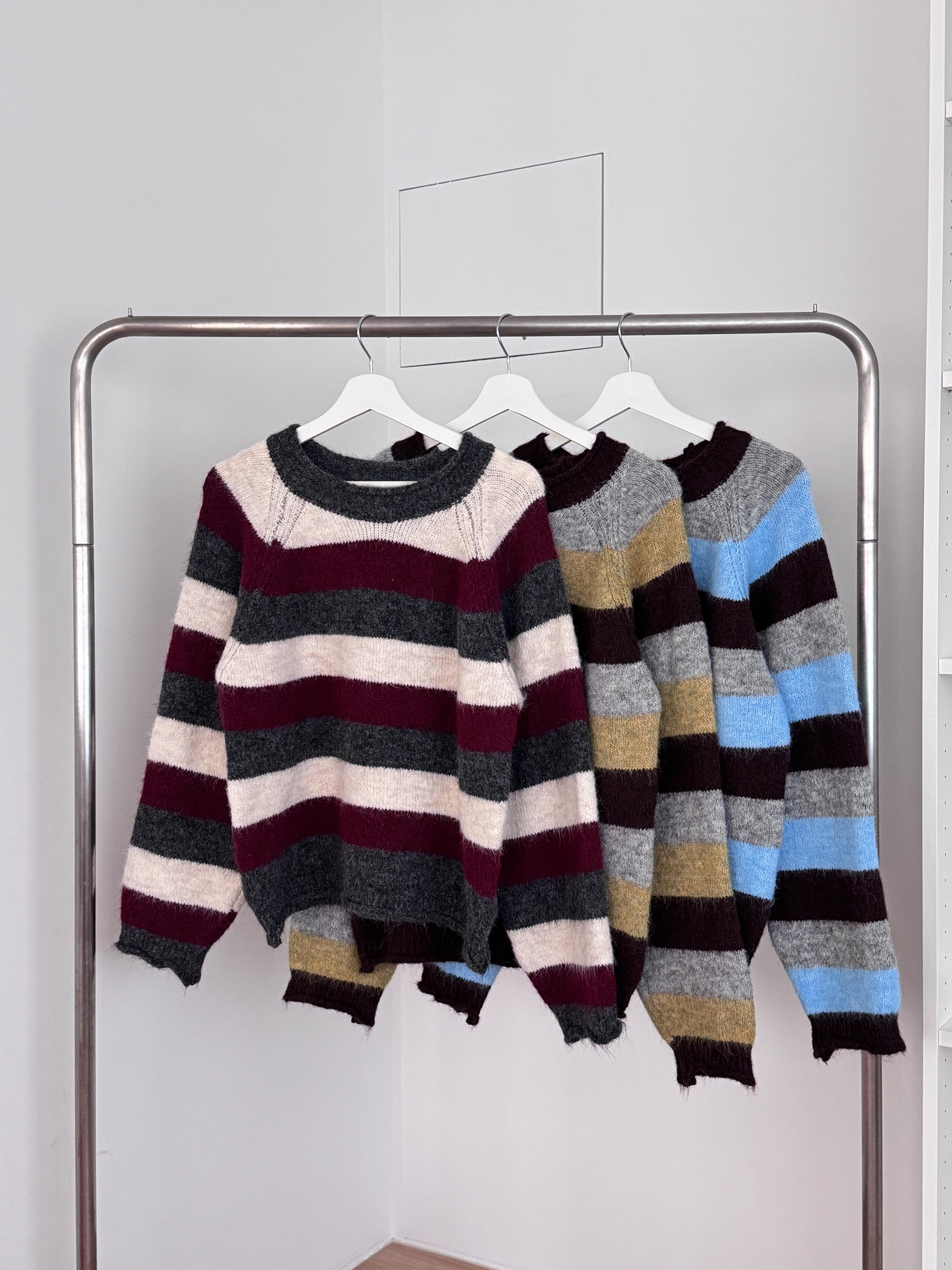 ウール混ラウンドネックルーズ長袖ボーダーカラーニット | 詳細画像14