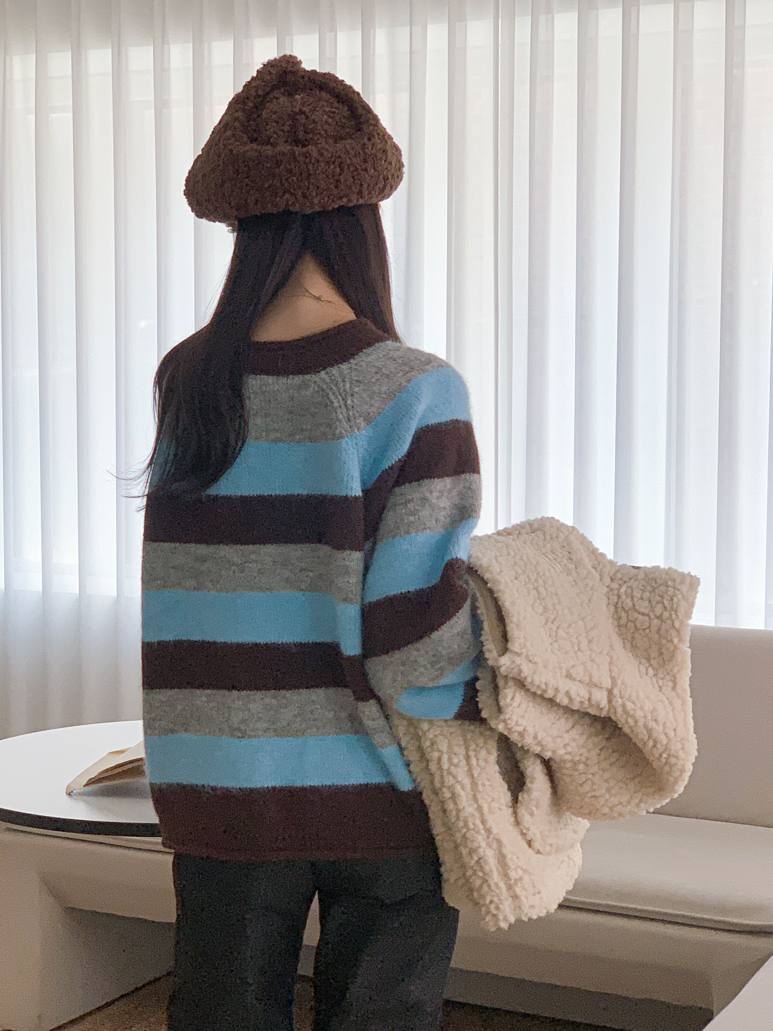 ウール混ラウンドネックルーズ長袖ボーダーカラーニット | 詳細画像15