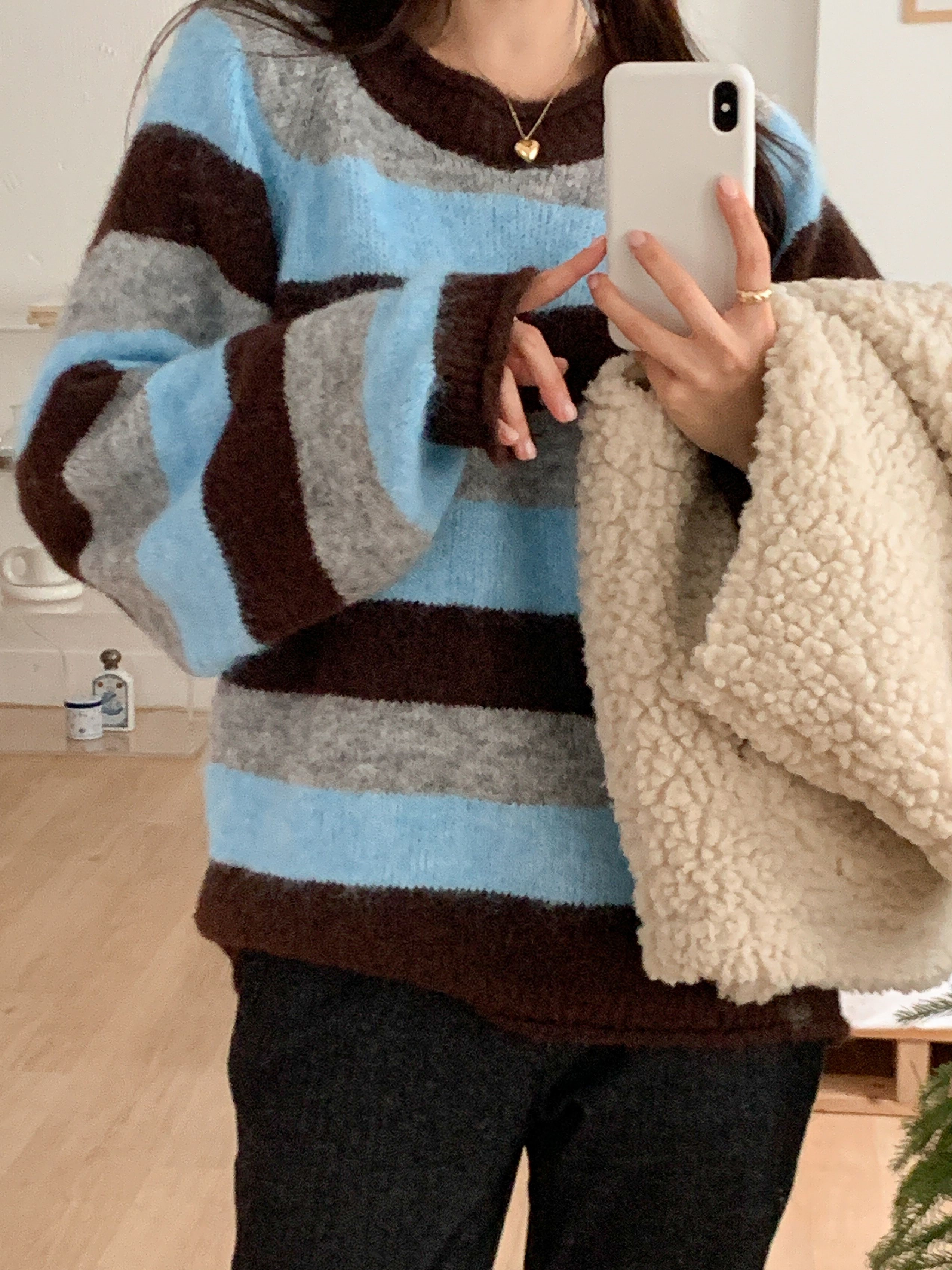 ウール混ラウンドネックルーズ長袖ボーダーカラーニット | 詳細画像18