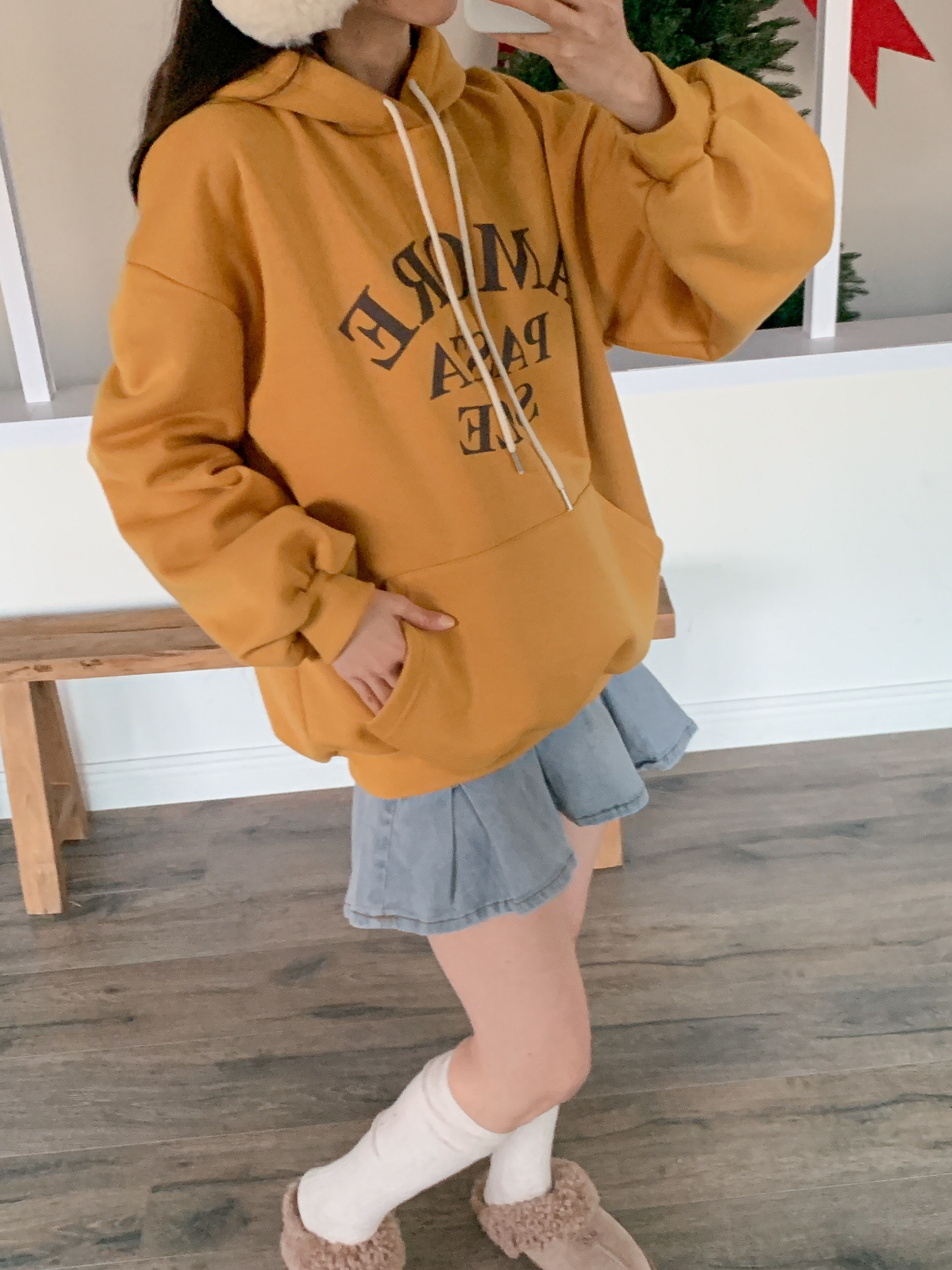 裏起毛フードルーズカンガルーポケットプリントカラーパーカー | 詳細画像15