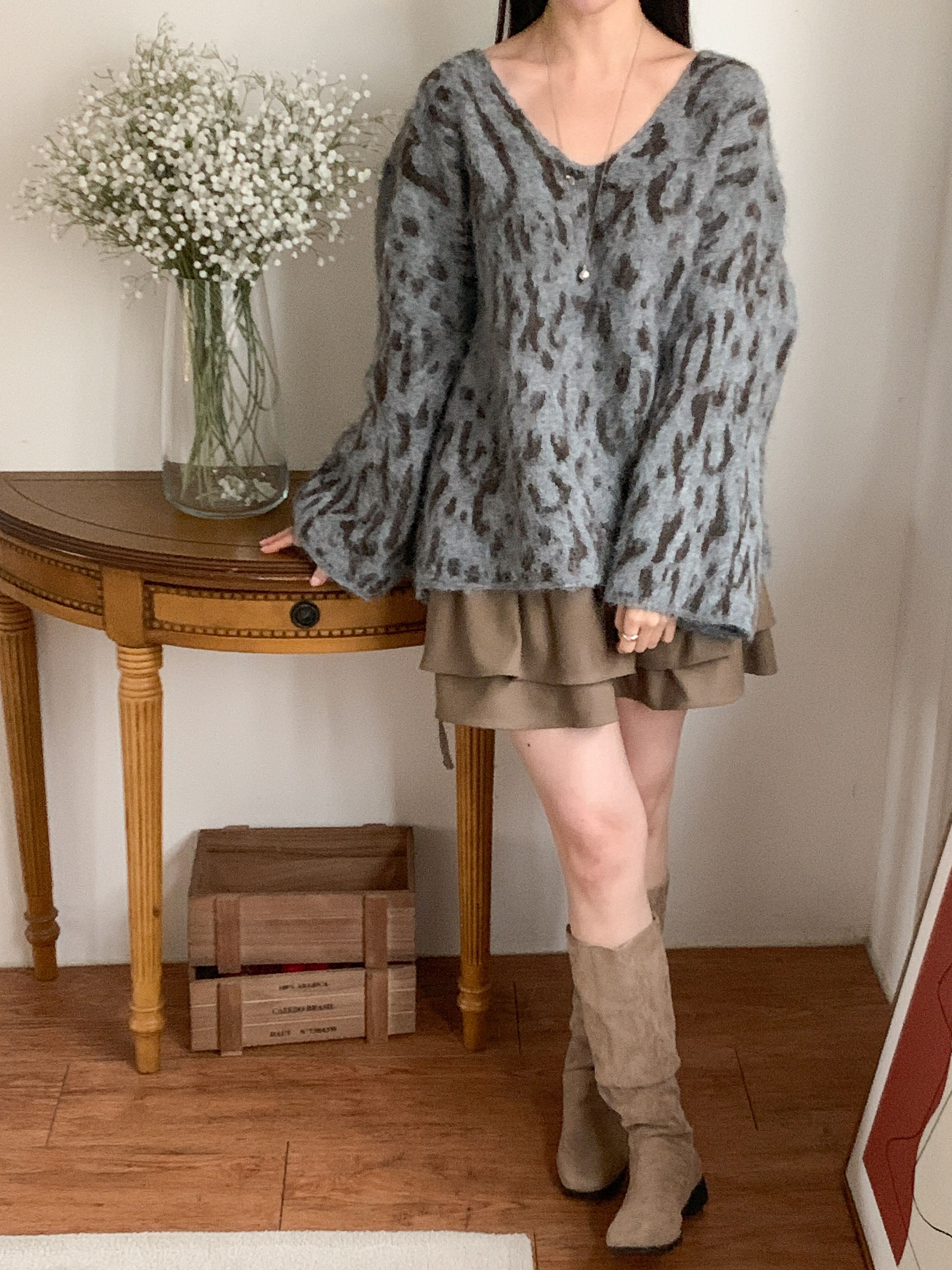 ウール混Vネックルーズレオパードカラーニット | 詳細画像14