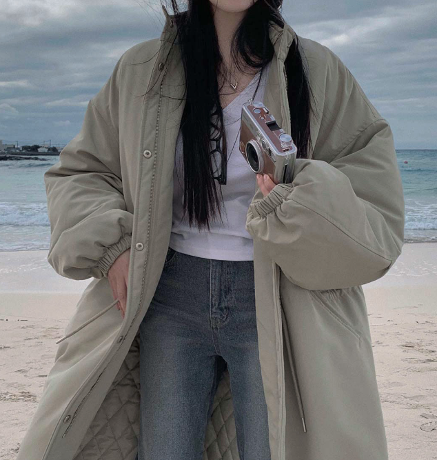 キルティングジップアップハイネックロングスナップボタンカラーダウンジャケット | 詳細画像2