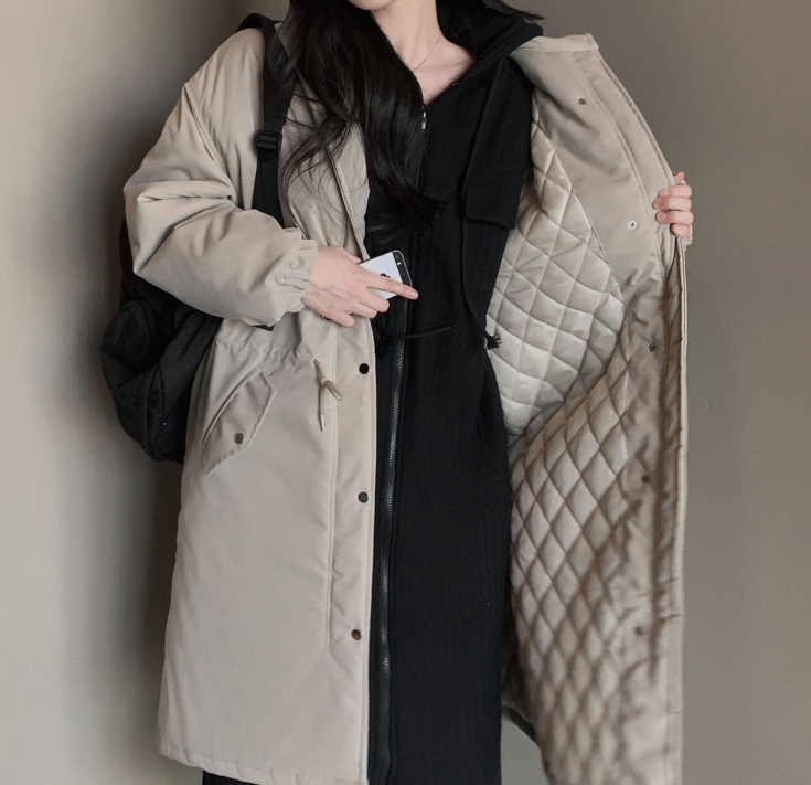 キルティングジップアップハイネックロングスナップボタンカラーダウンジャケット | 詳細画像3