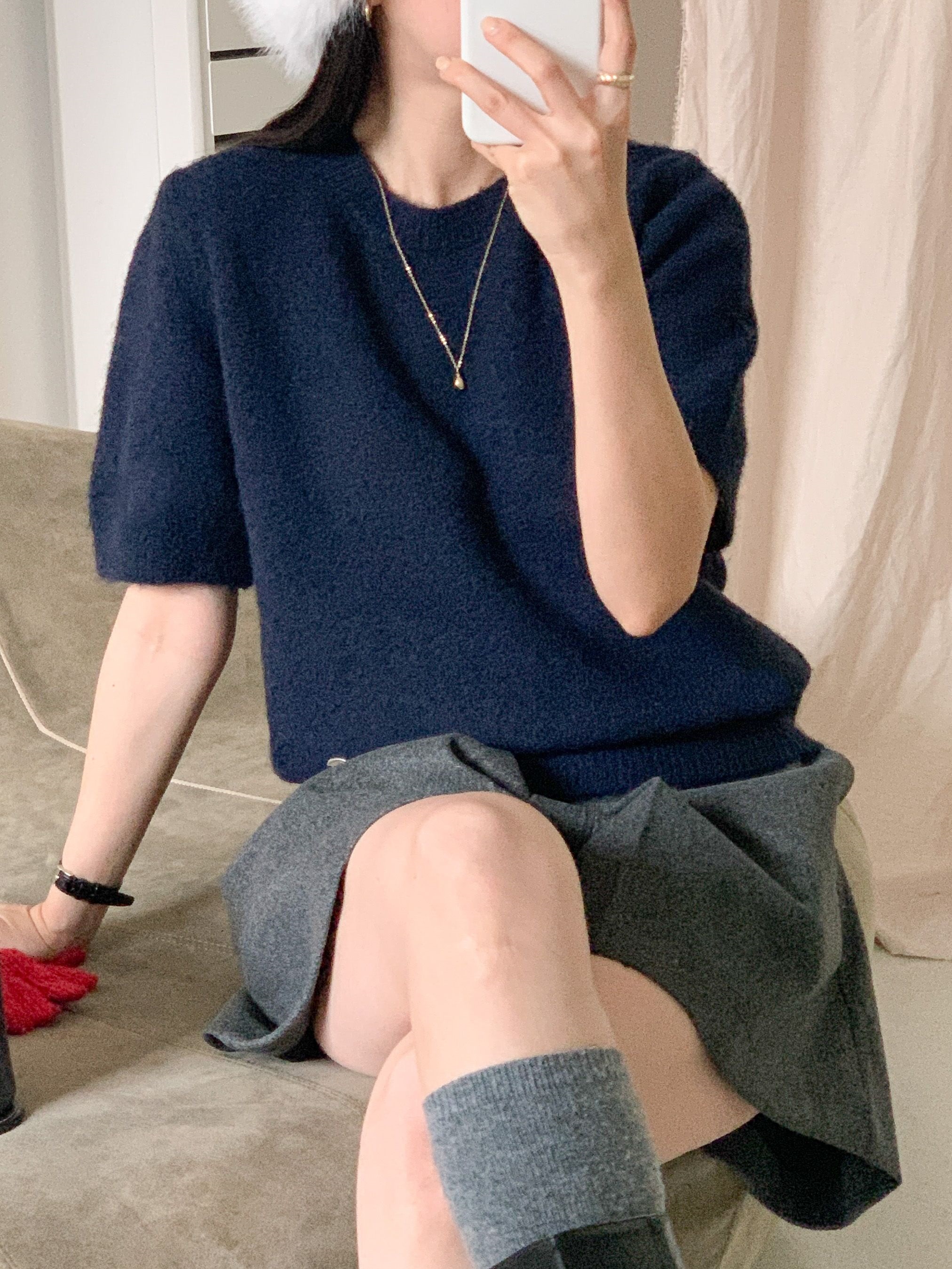 ウール混ラウンドネック半袖ペンダントセミクロップドカラーニット | 詳細画像5