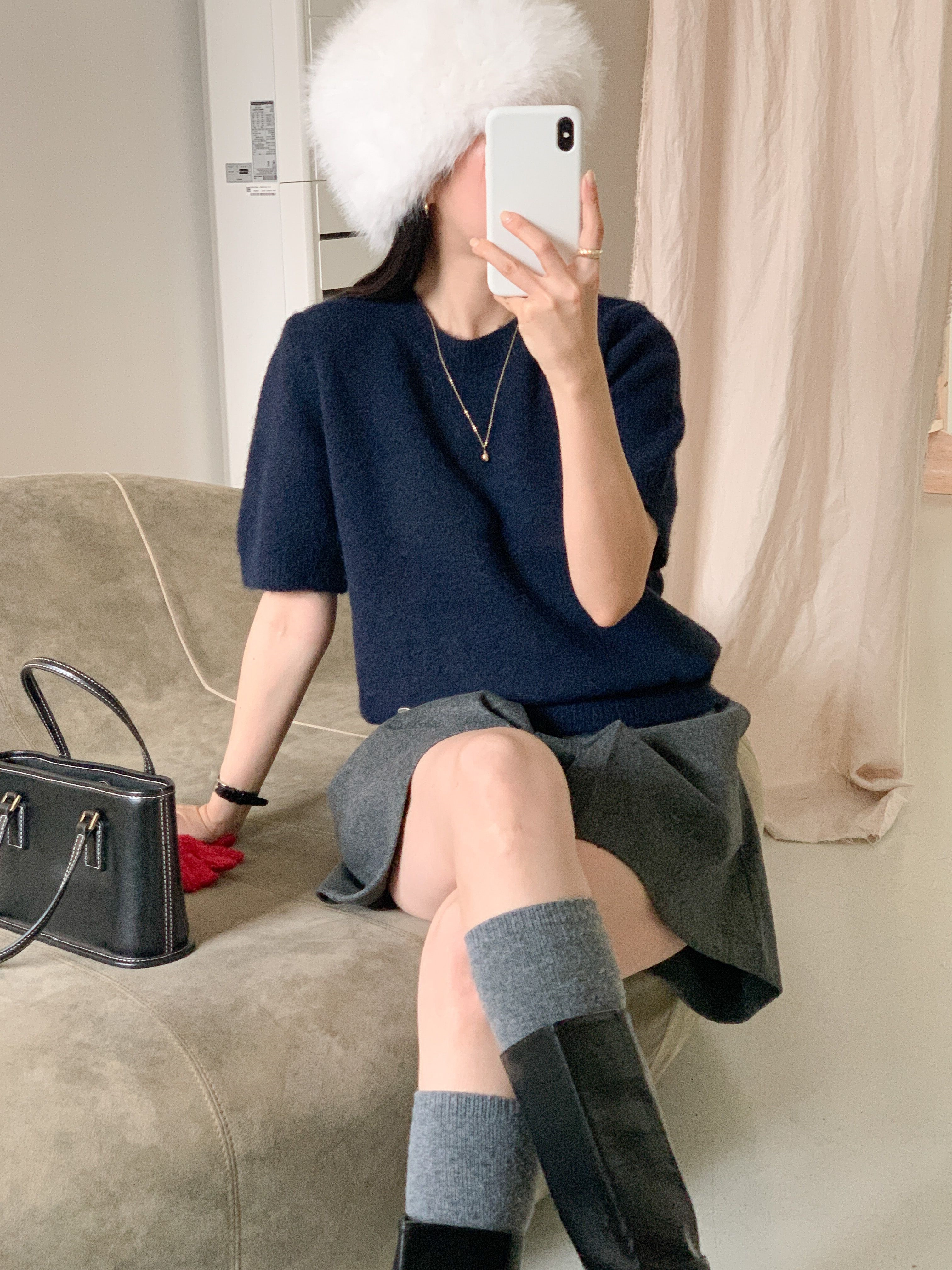 ウール混ラウンドネック半袖ペンダントセミクロップドカラーニット | 詳細画像7