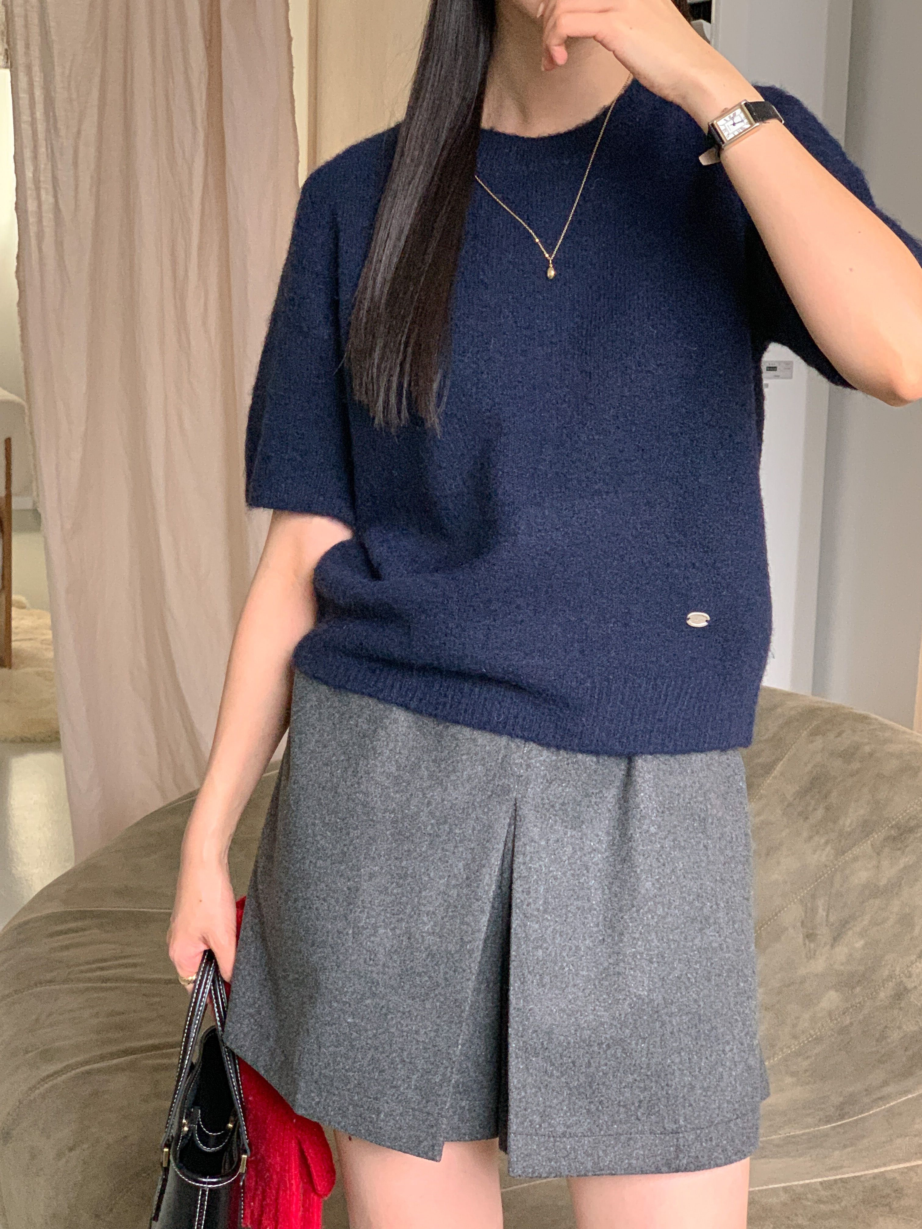 ウール混ラウンドネック半袖ペンダントセミクロップドカラーニット | 詳細画像8