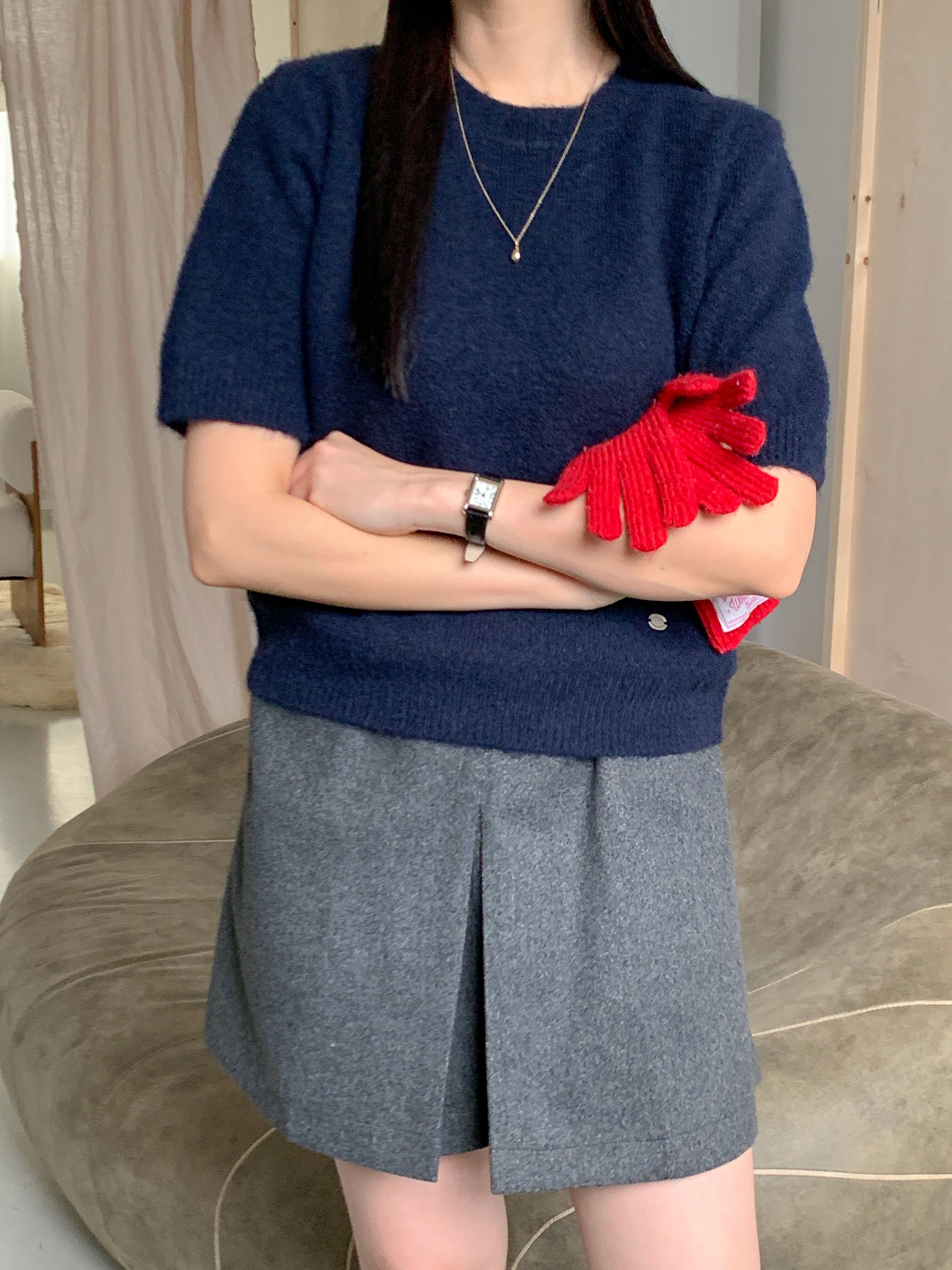 ウール混ラウンドネック半袖ペンダントセミクロップドカラーニット | 詳細画像17