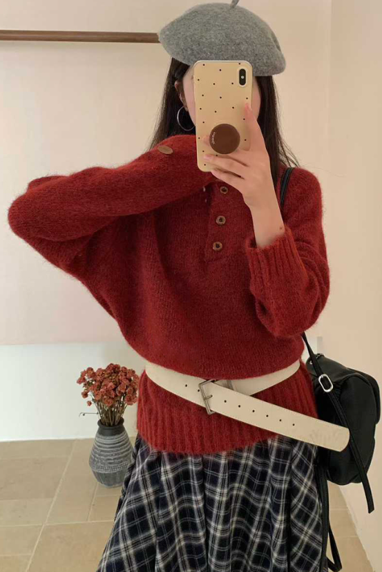 ウール混ボタンヘンリーネックオーバーサイズカラーニット | 詳細画像7