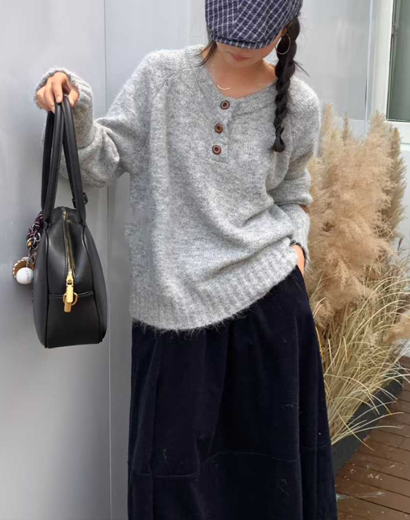 ウール混ボタンヘンリーネックオーバーサイズカラーニット | 詳細画像8