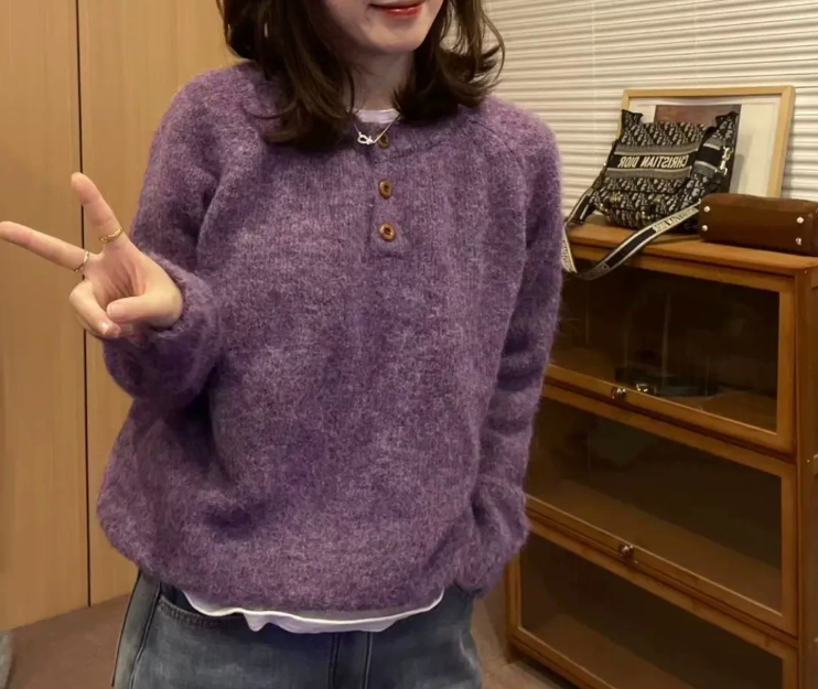 ウール混ボタンヘンリーネックオーバーサイズカラーニット | 詳細画像15