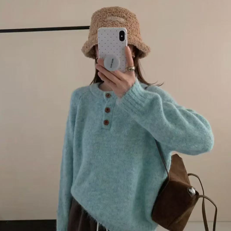 ウール混ボタンヘンリーネックオーバーサイズカラーニット | 詳細画像18