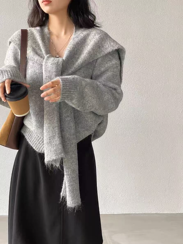 Vネックルーズ長袖カラーニットショール付 | 詳細画像2