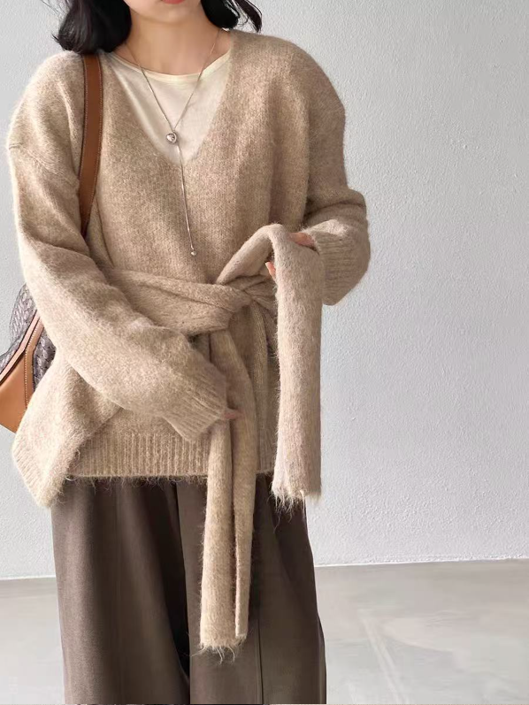 Vネックルーズ長袖カラーニットショール付 | 詳細画像4