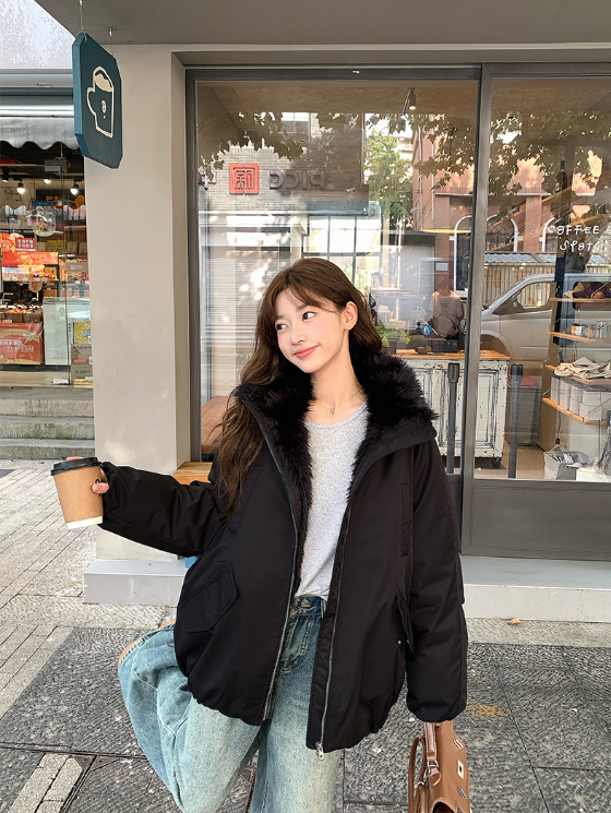 ファー裏地ジップアップハイネックポケットオーバーサイズダウンジャケット | 詳細画像3