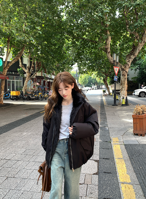 ファー裏地ジップアップハイネックポケットオーバーサイズダウンジャケット | 詳細画像4