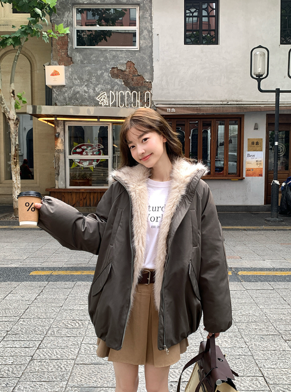 ファー裏地ジップアップハイネックポケットオーバーサイズダウンジャケット | 詳細画像9