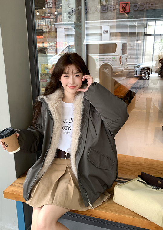 ファー裏地ジップアップハイネックポケットオーバーサイズダウンジャケット | 詳細画像10