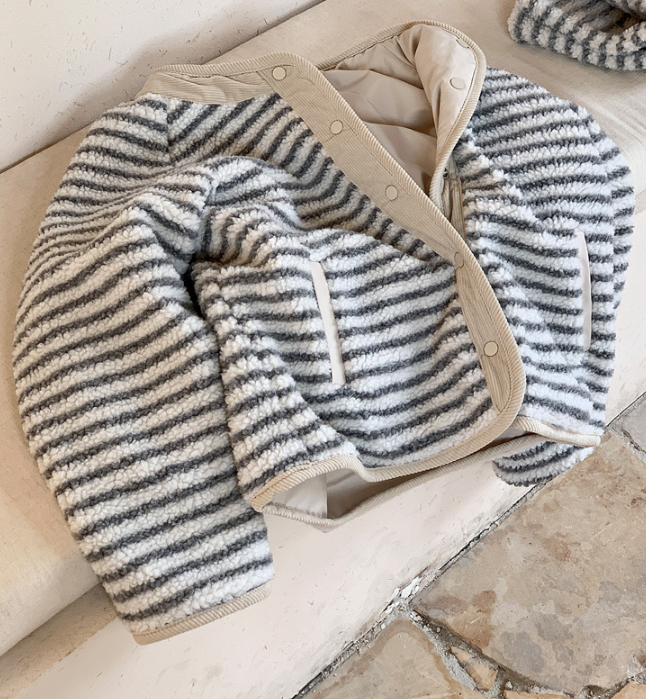 ポケットルーズスナップボタンボーダーカラージャンパーリバーシブルマフラー付 | 詳細画像3