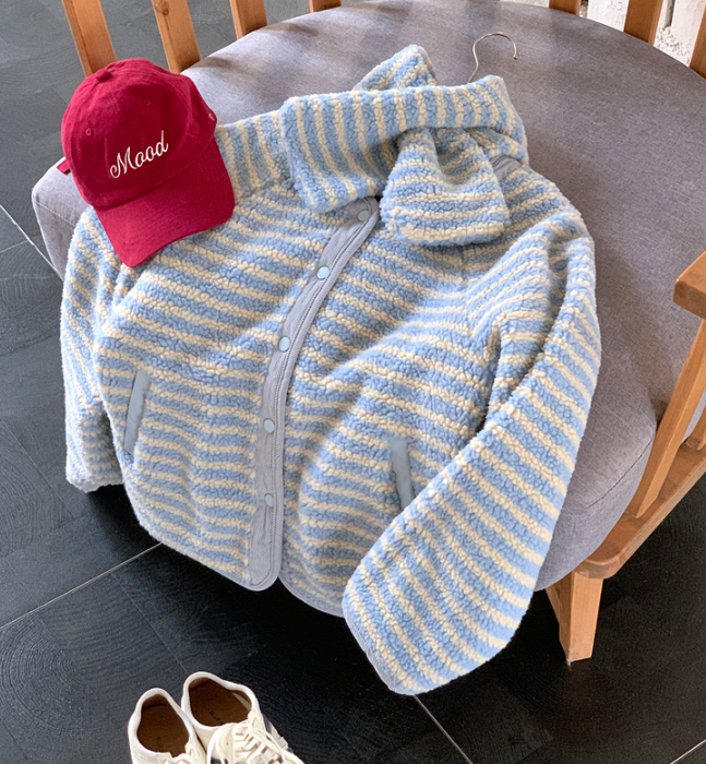 ポケットルーズスナップボタンボーダーカラージャンパーリバーシブルマフラー付 | 詳細画像5