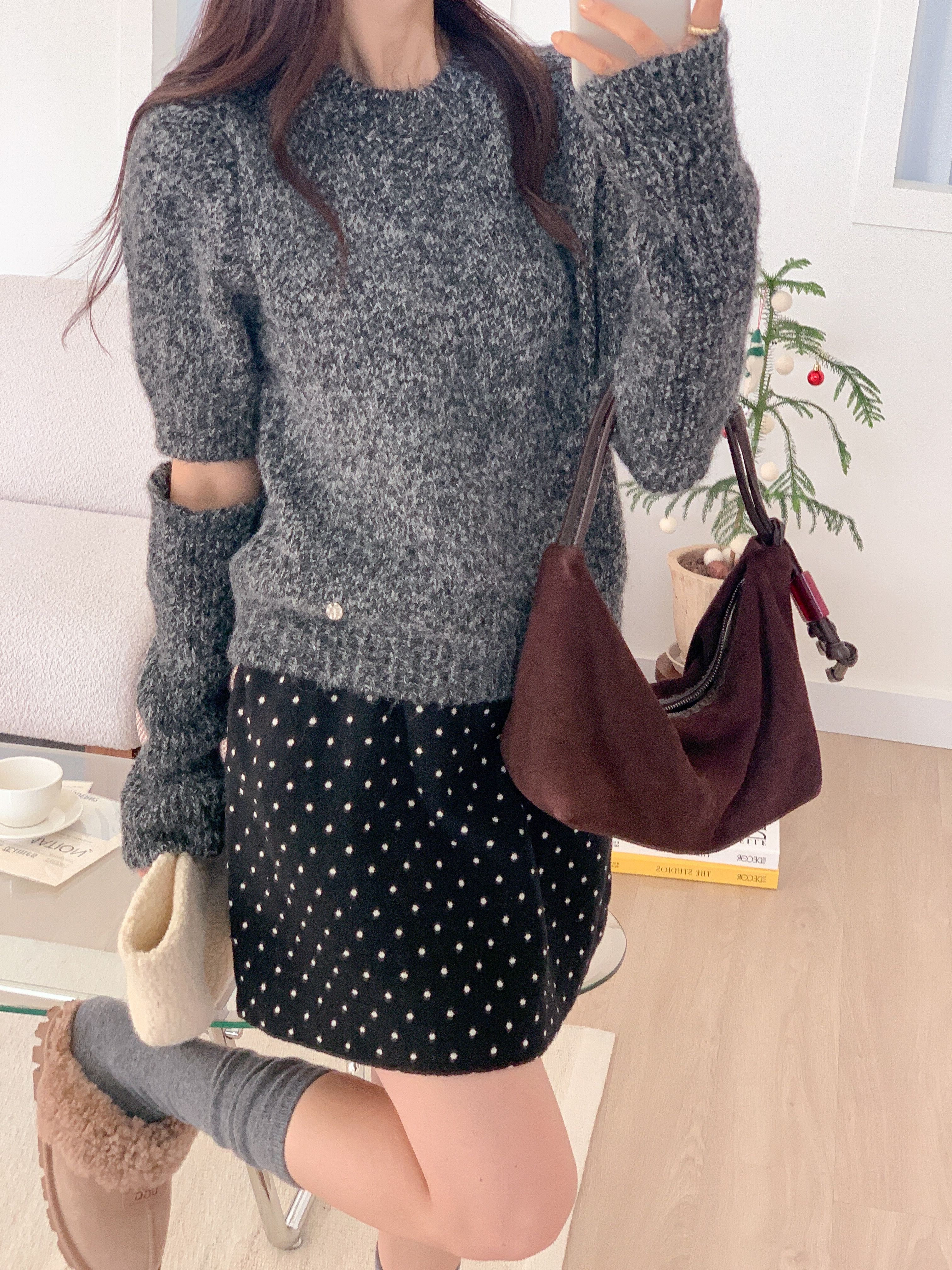 ウール混ラウンドネック半袖無地カラーニットアームウォーマー付 | 詳細画像2