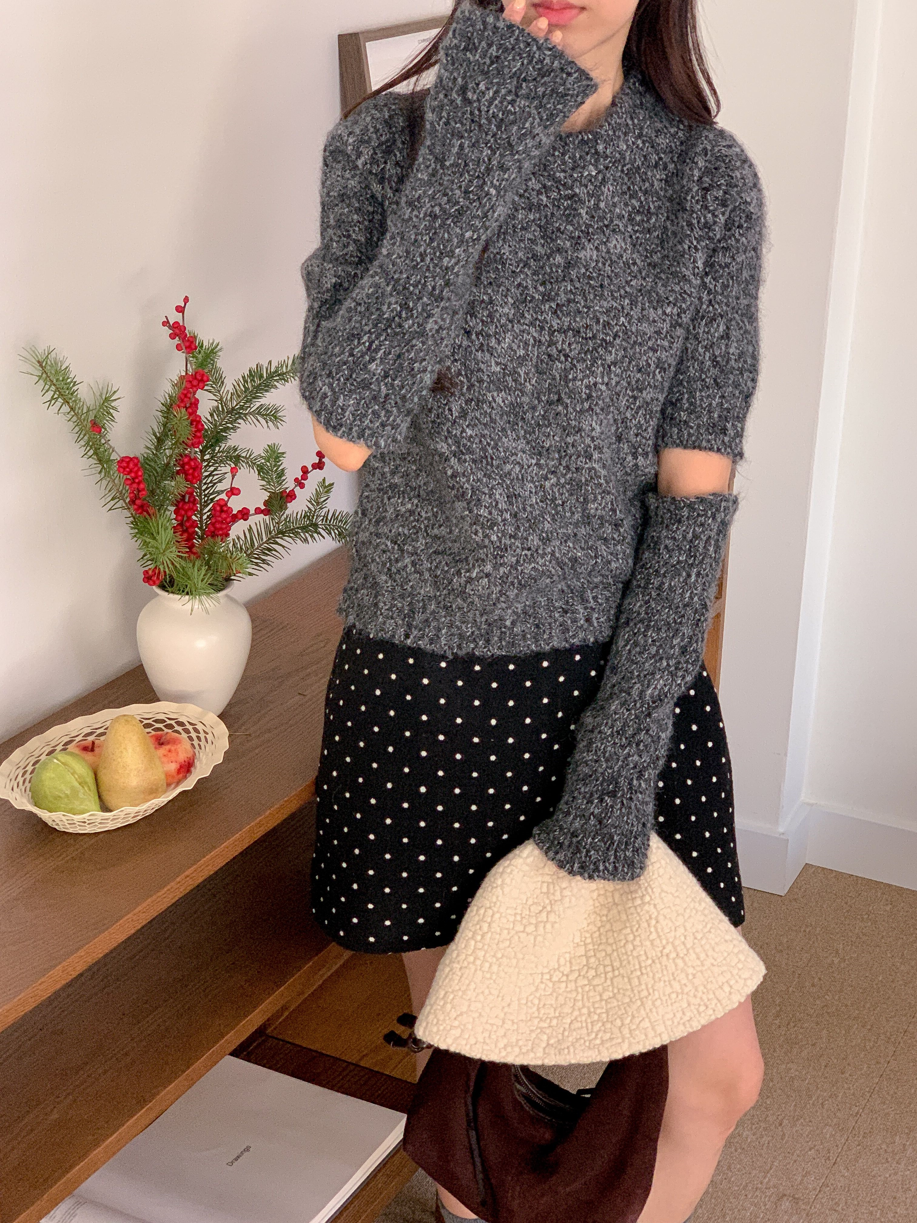 ウール混ラウンドネック半袖無地カラーニットアームウォーマー付 | 詳細画像3